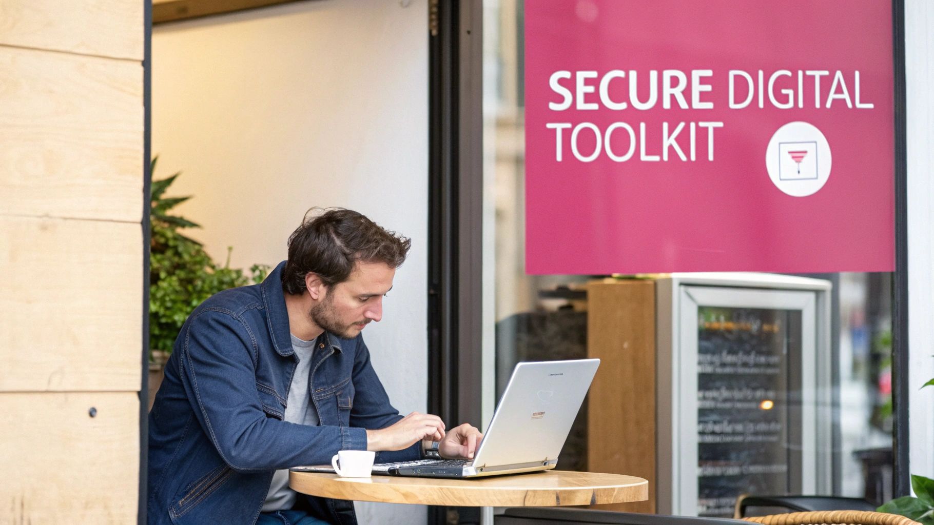 A Guide To Virtual Desktop Infrastructures For Uk Businesses Man Typing On A Silver Laptop At A Wooden Cafe Table With A Coffee Cup, 'Secure Digital Toolkit' Sign In Background.