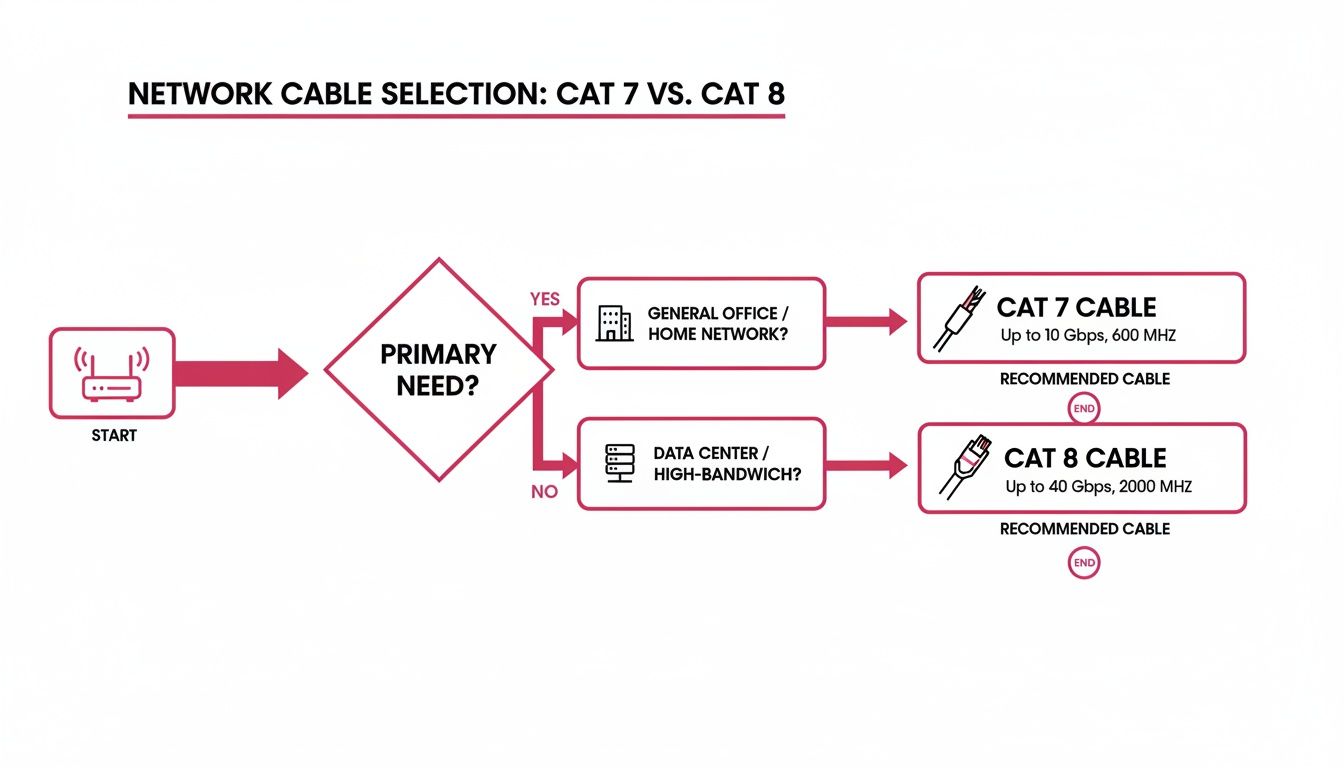 Cat 7 Vs Cat 8: Which Ethernet Cable Is Right For Your Business? Flowchart Guiding Selection Between Cat 7 And Cat 8 Network Cables For Home, Office, Or Data Center.