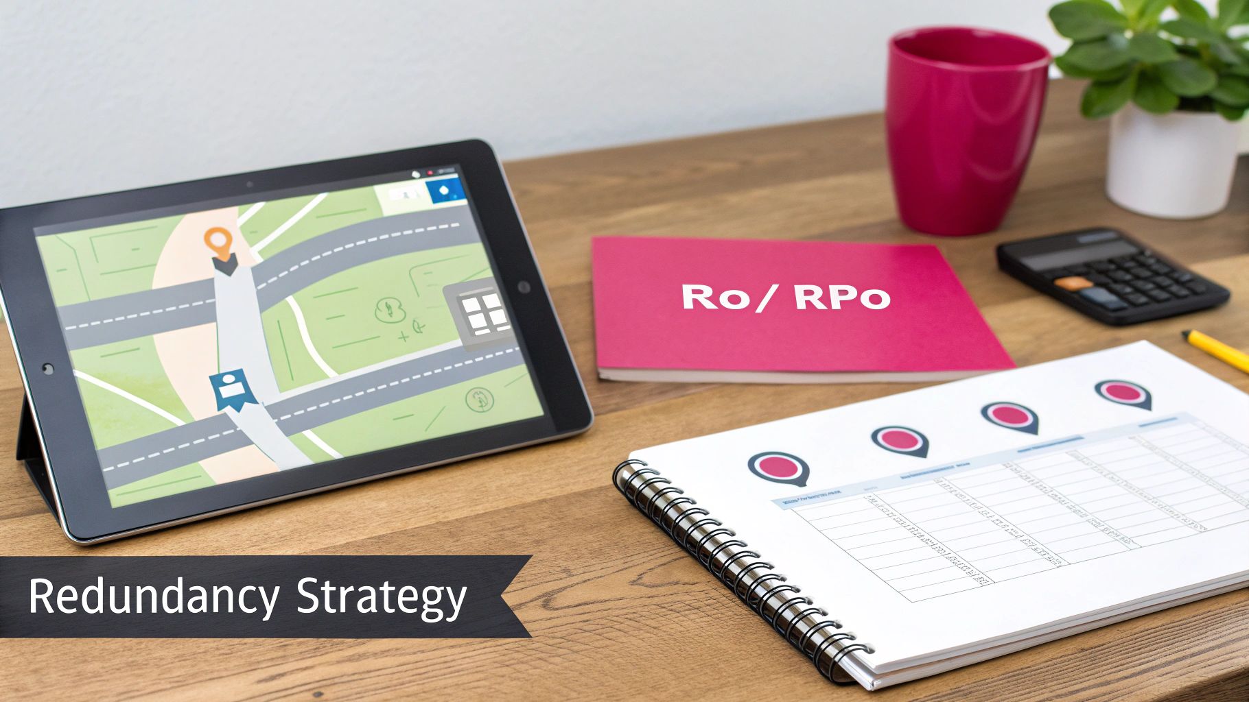 Desk With Tablet Showing A Map, Notebooks With 'Ro/Rpo', And A 'Redundancy Strategy' Banner.