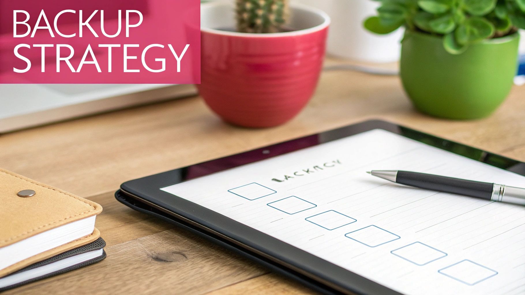 What Are Backups And Why Your Business Needs Them A Tablet On A Wooden Desk Showing A Checklist With A Pen, Next To Potted Plants, With 'Backup Strategy' Text.