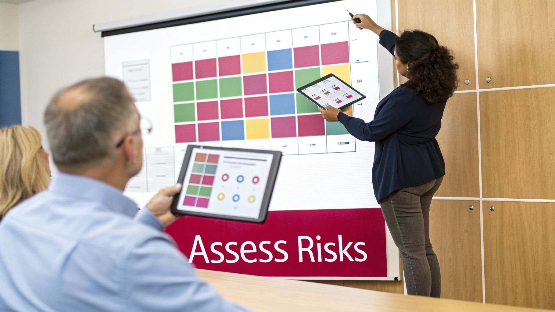 A Professional Team Collaborating Around A Table, Analysing Risk Data On Charts And A Laptop.