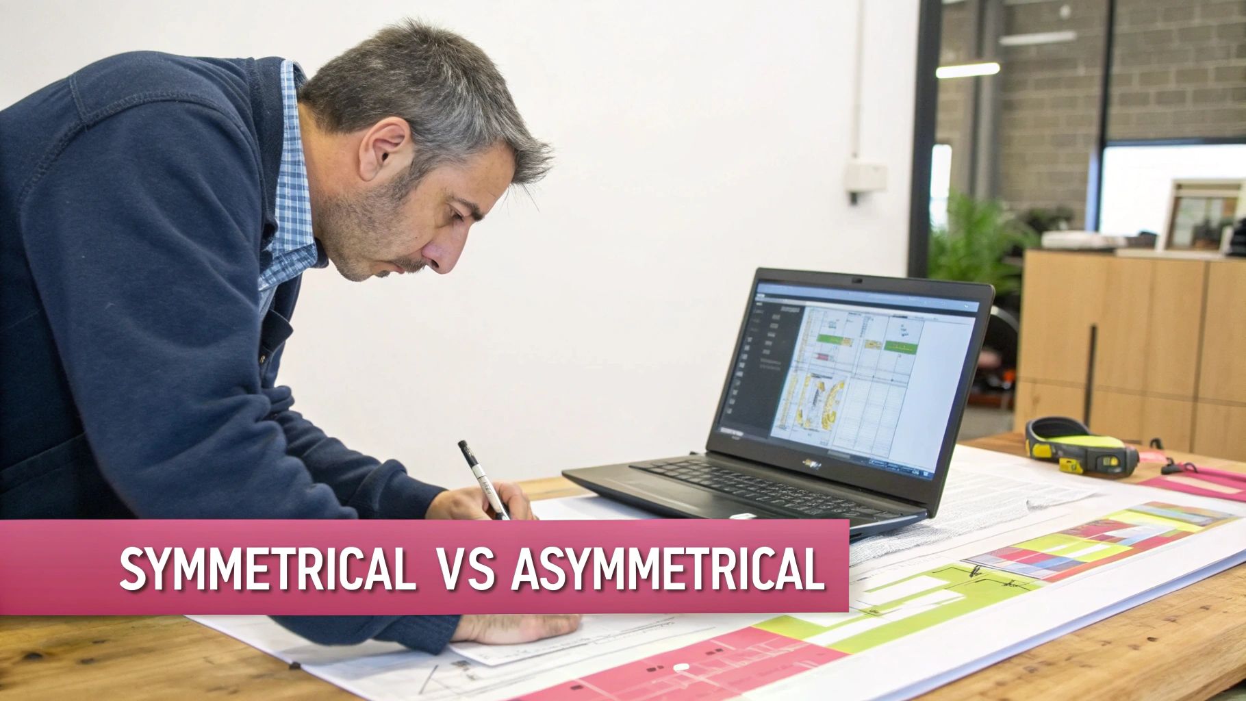 A Man In A Blue Shirt Leans Over A Desk, Drawing On Large Architectural Plans Next To An Open Laptop Displaying Design Schematics.