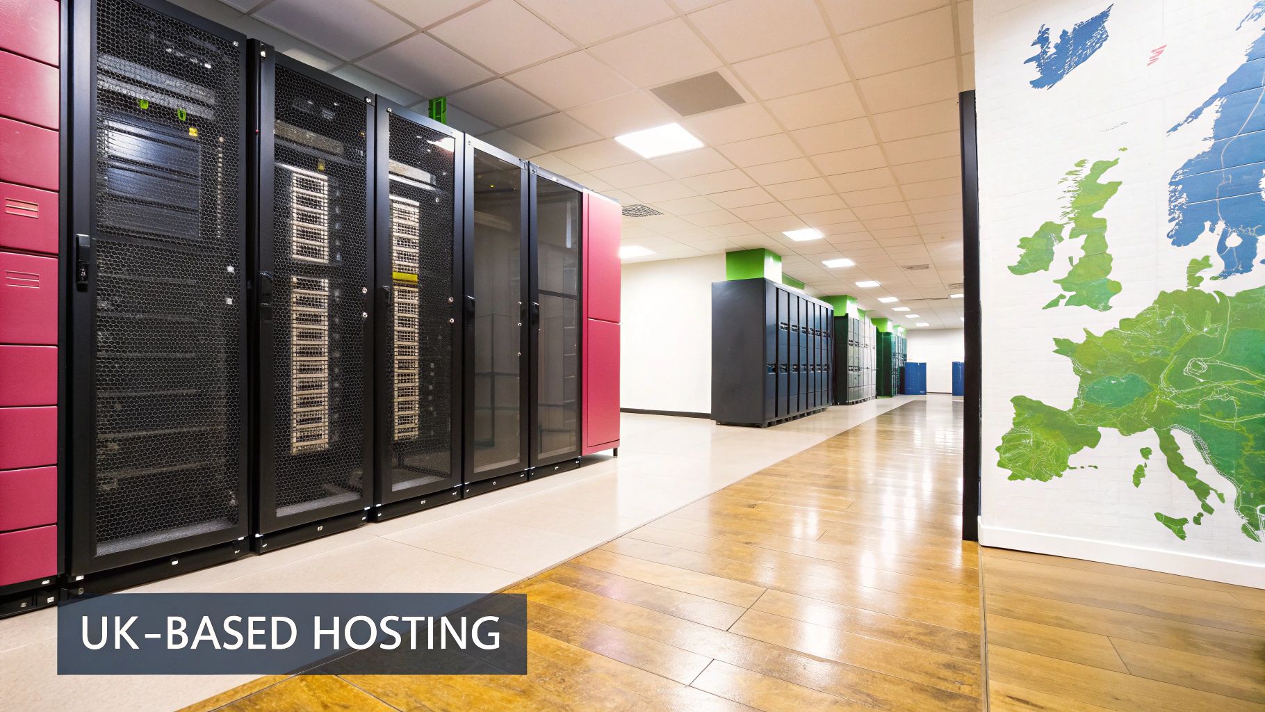 A Map Of The United Kingdom With Glowing Data Centre Icons, Symbolising Local Hosting Infrastructure.