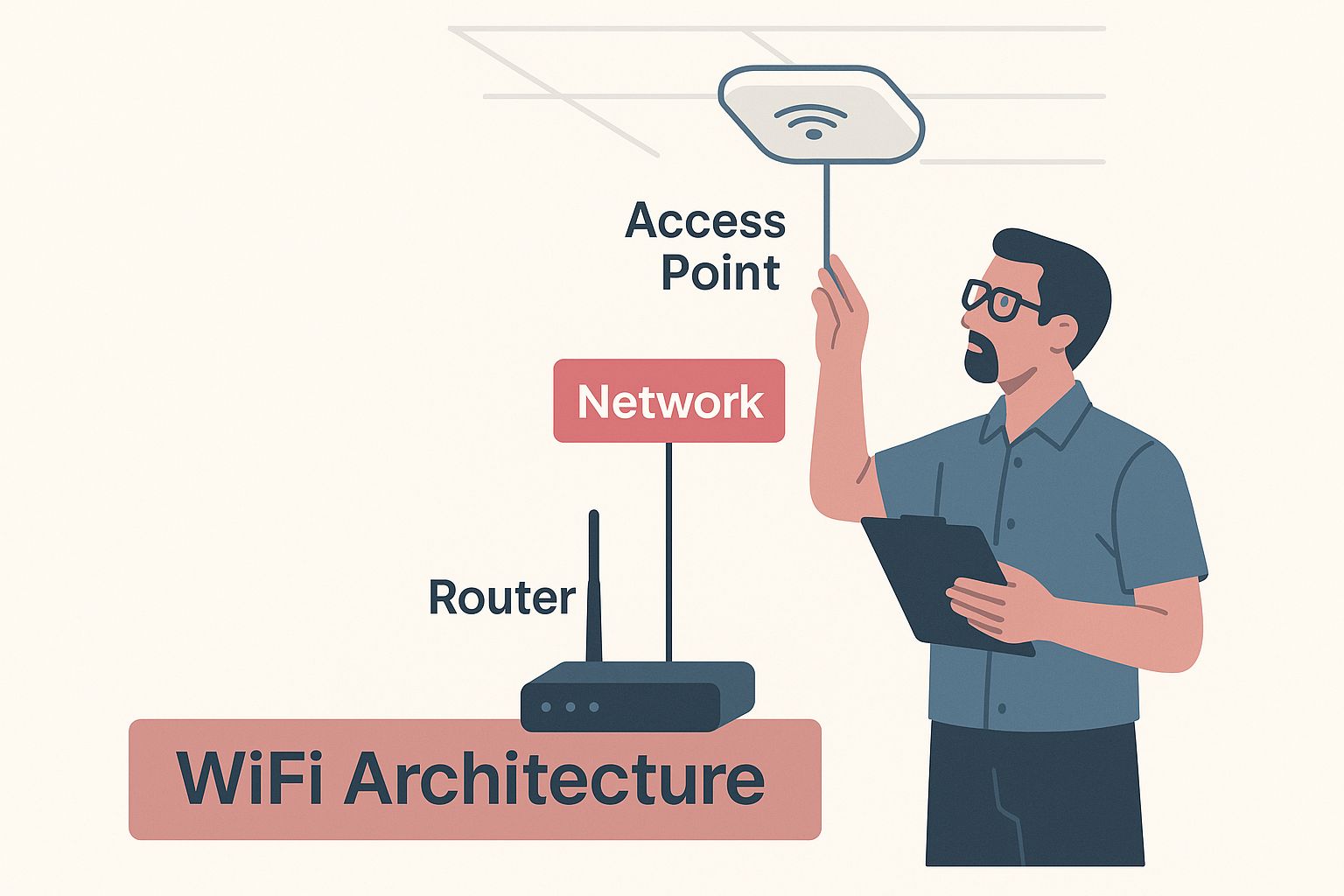 Infographic showing an IT professional inspecting a ceiling-mounted access point, illustrating the concept of WiFi architecture.