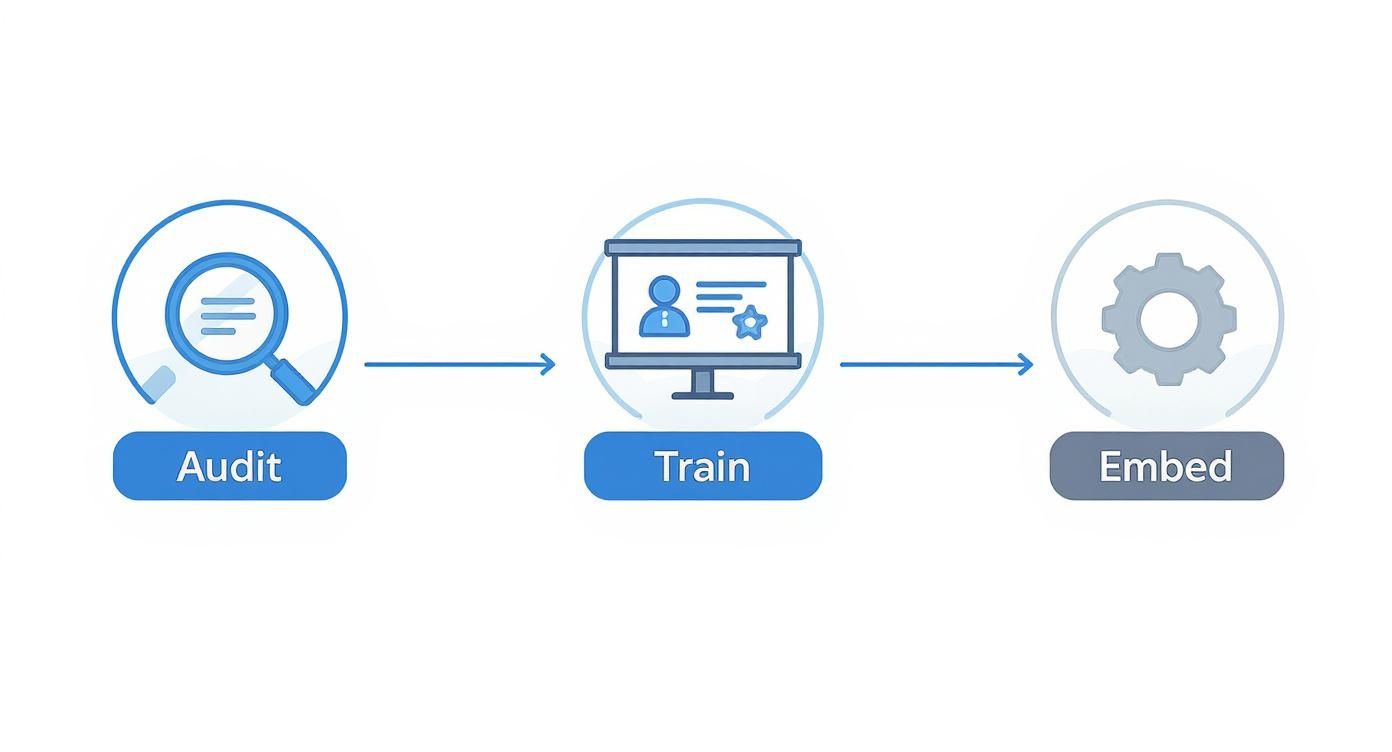 Data Protection Officer Responsibilities: A Practical Guide Infographic Showing A Three-Step Process For Building A Privacy Culture, With Icons For Audit, Train, And Embed.