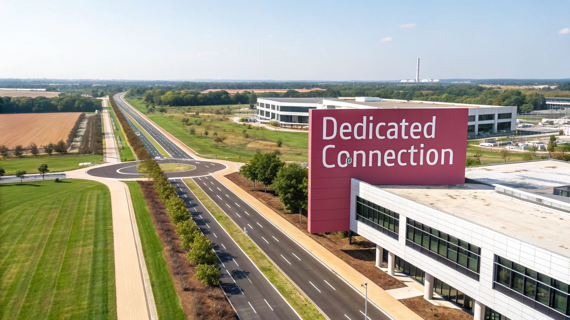 Aerial View Of A Modern Corporate Park Featuring A Building With A 'Dedicated Connection' Sign, Roads, And A Roundabout.
