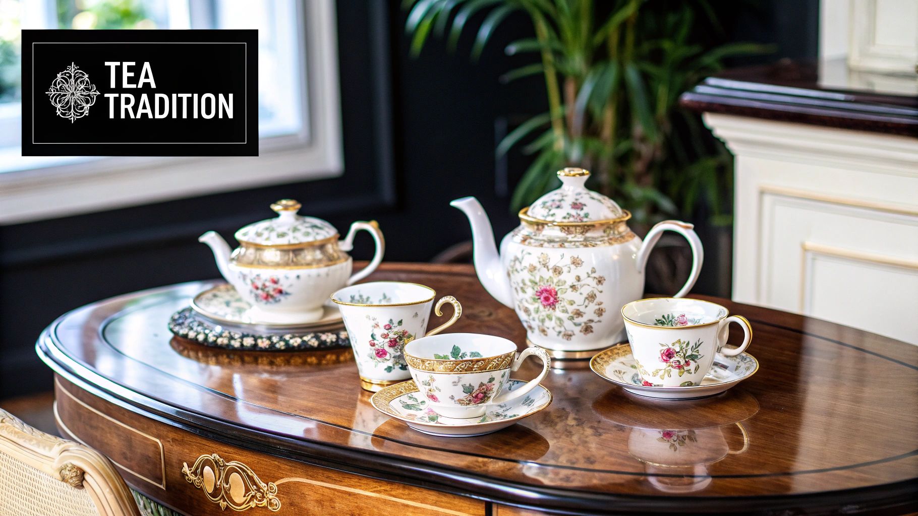 A table set for afternoon tea with pastries and teacups