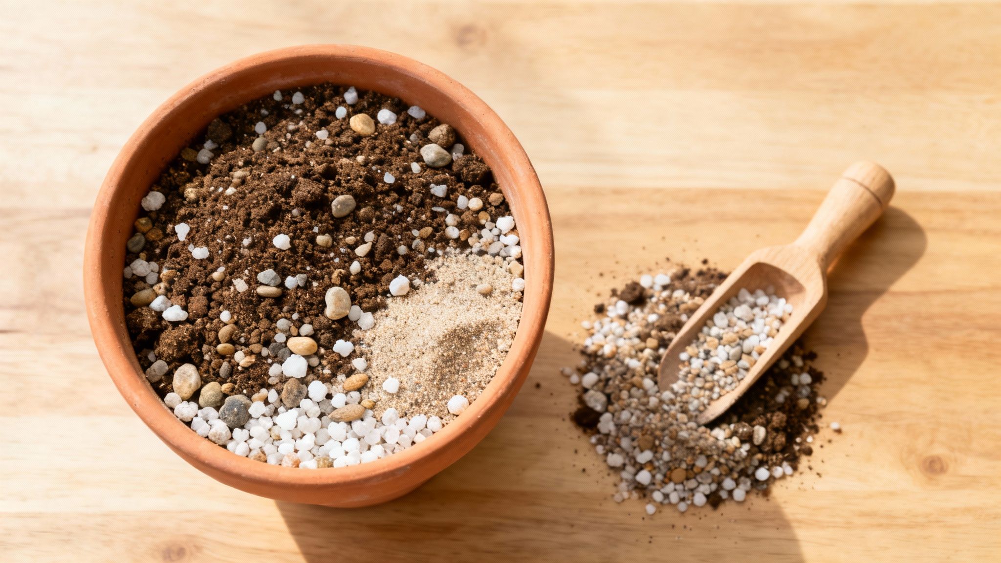 A close-up of hands repotting a small cactus into a terracotta pot, showing gritty soil mix.