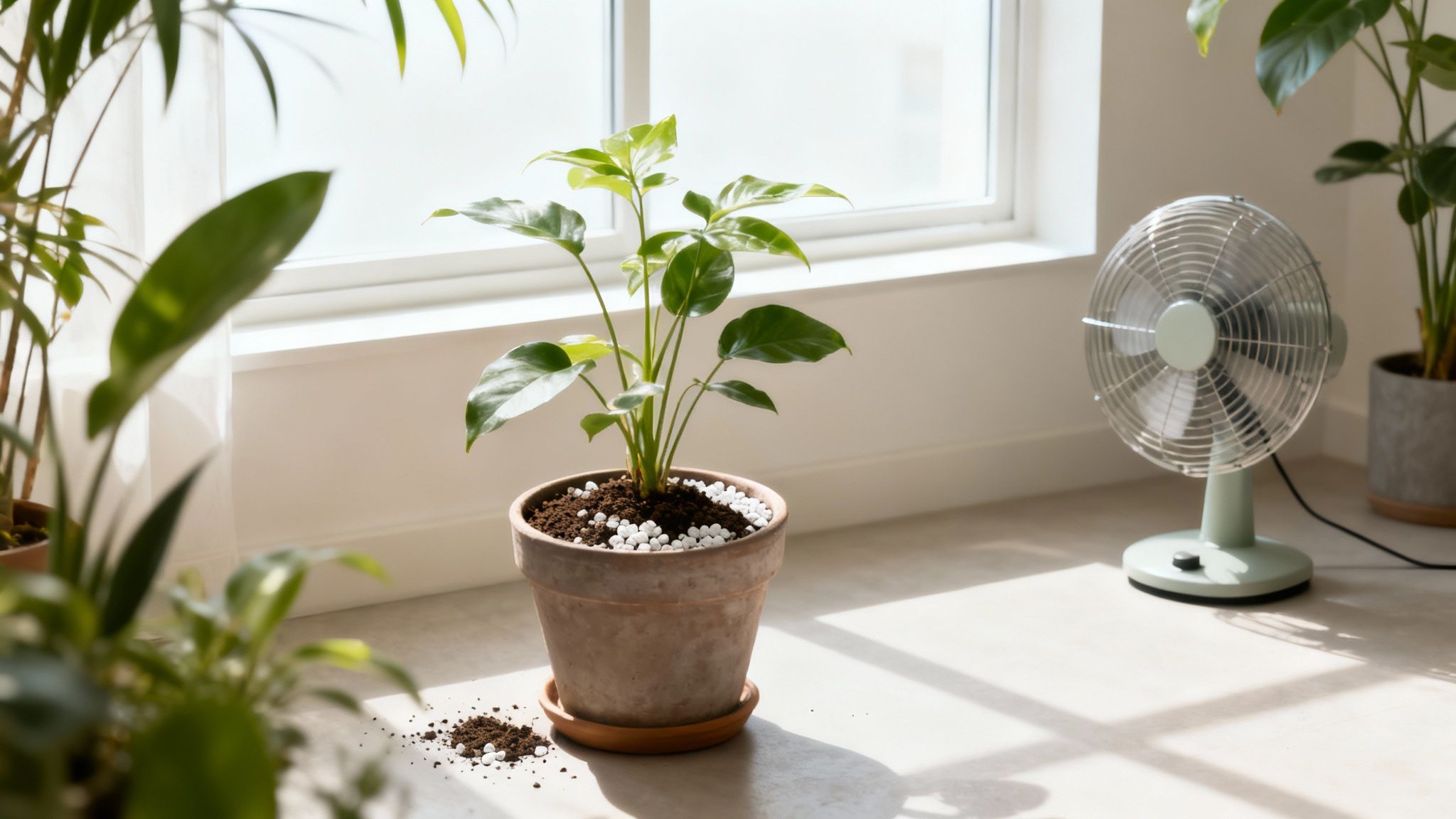 A healthy, thriving indoor plant in a terracotta pot, with plenty of space around it for air to circulate.