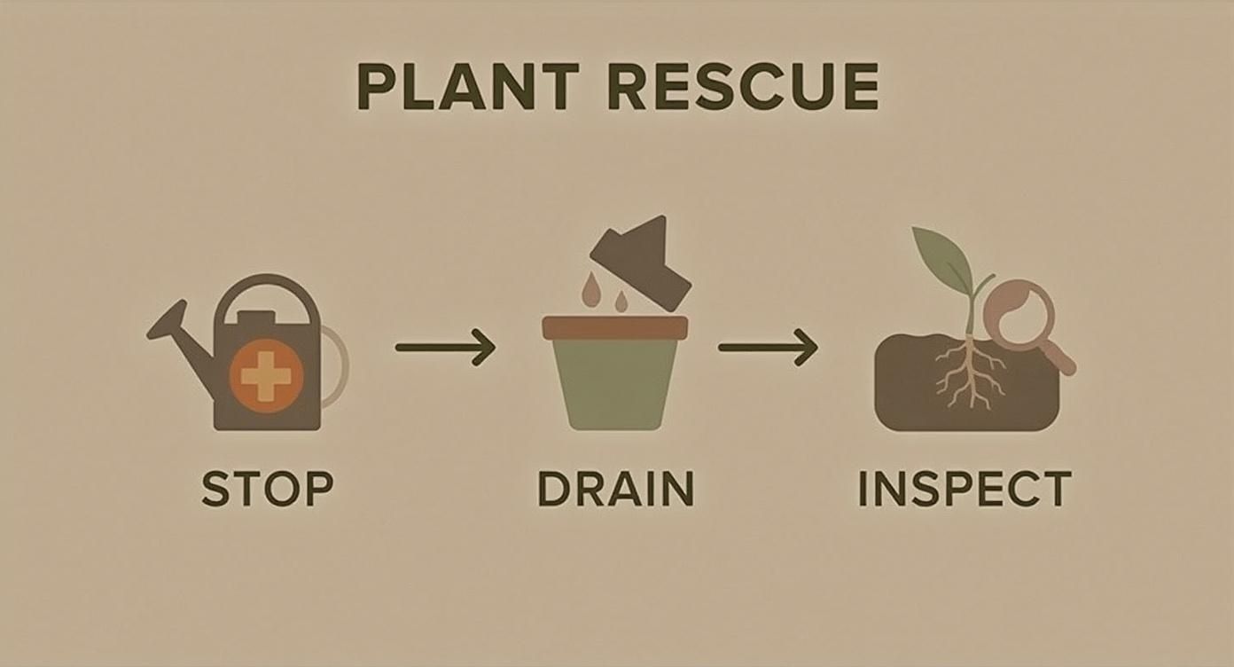 Infographic showing the plant rescue process: Stop watering, drain excess water, and inspect the roots.