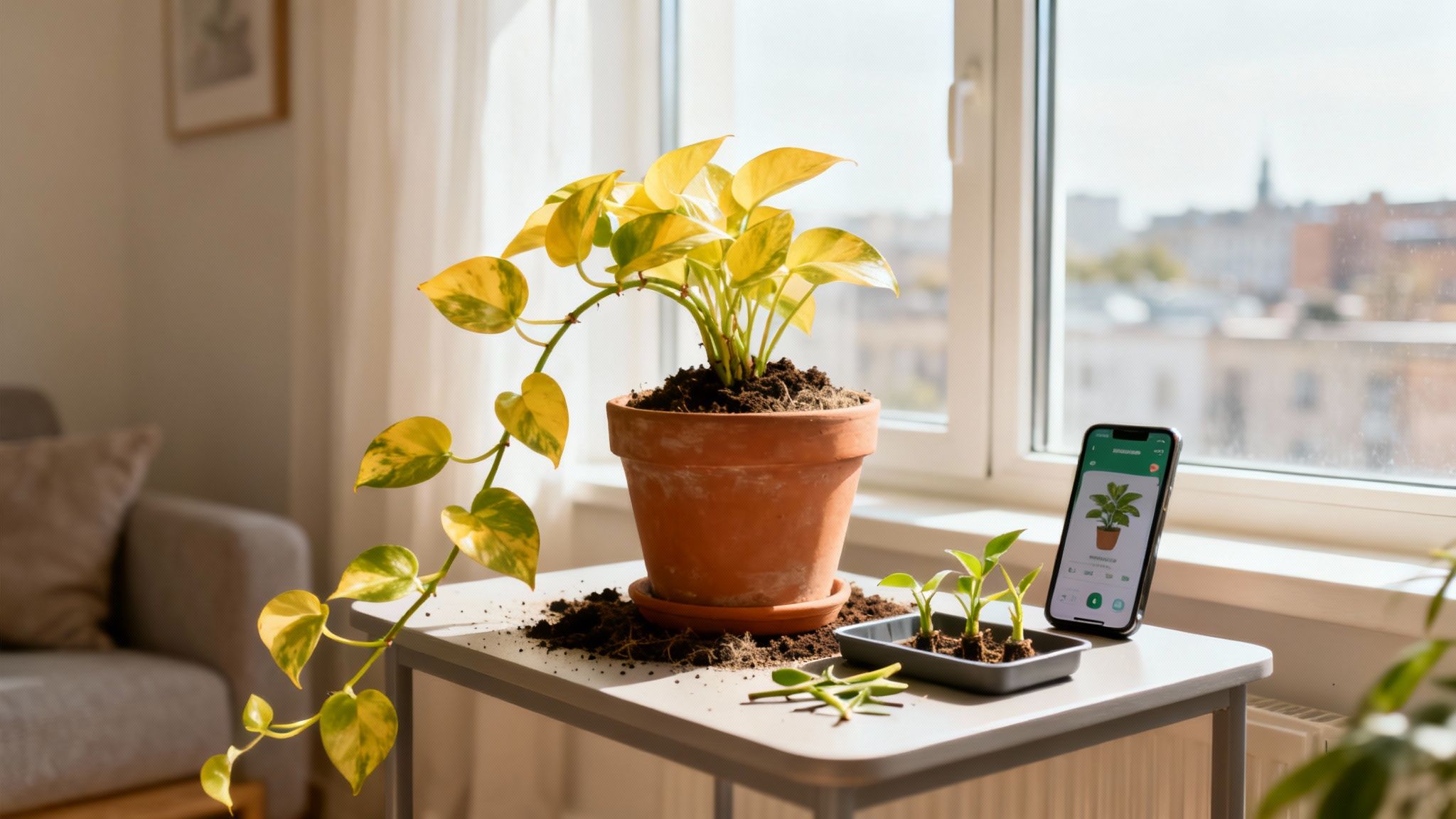 A person potting a Pothos plant, representing a plant revival story.