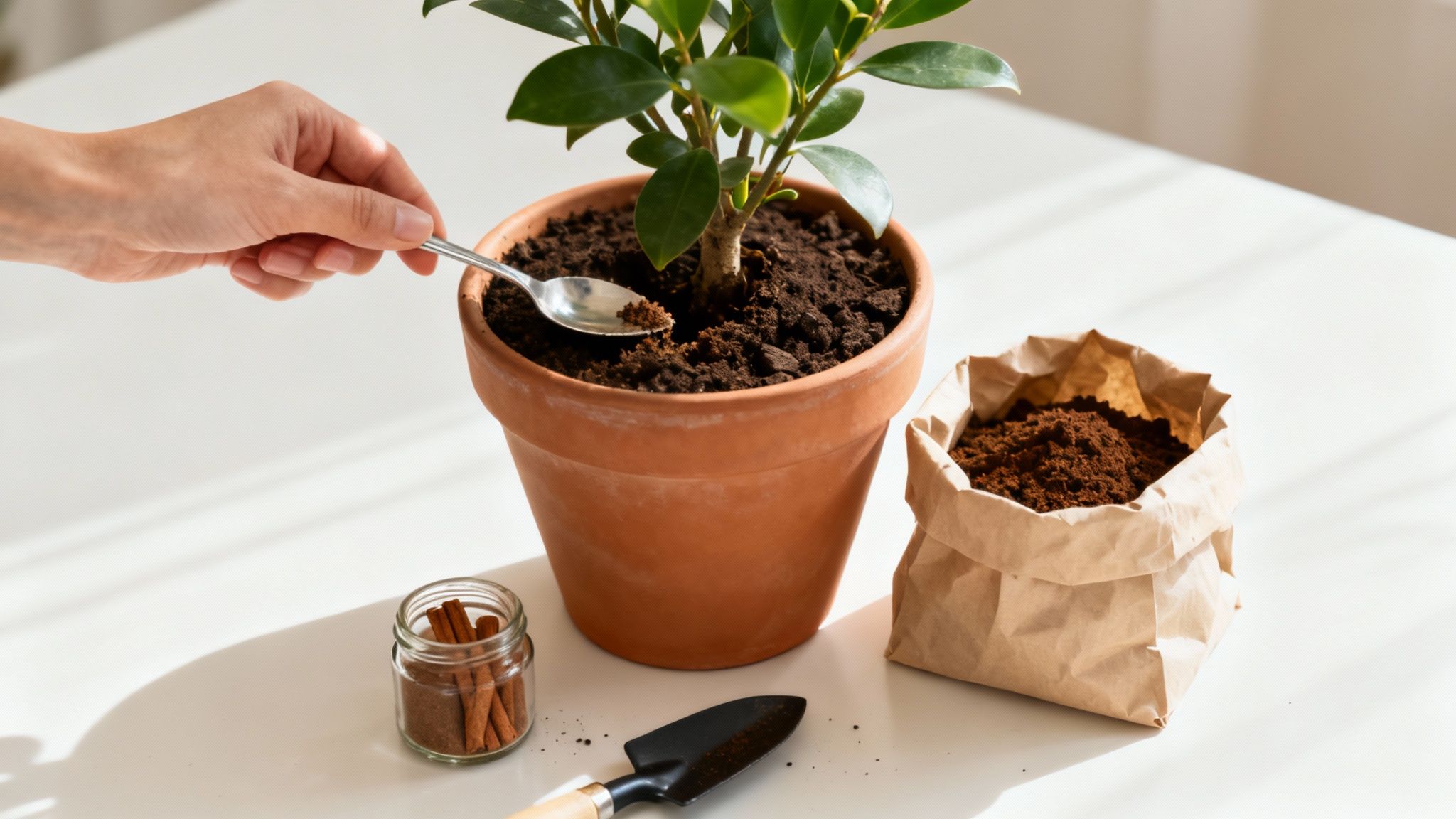 A person gently scraping the top layer of soil from a potted plant with a spoon.