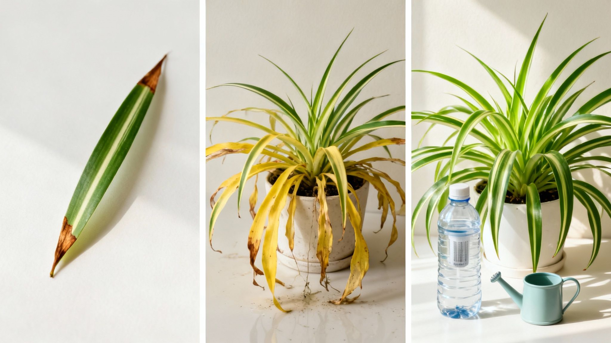 A person examining the brown tips on a spider plant's leaves with a concerned expression.