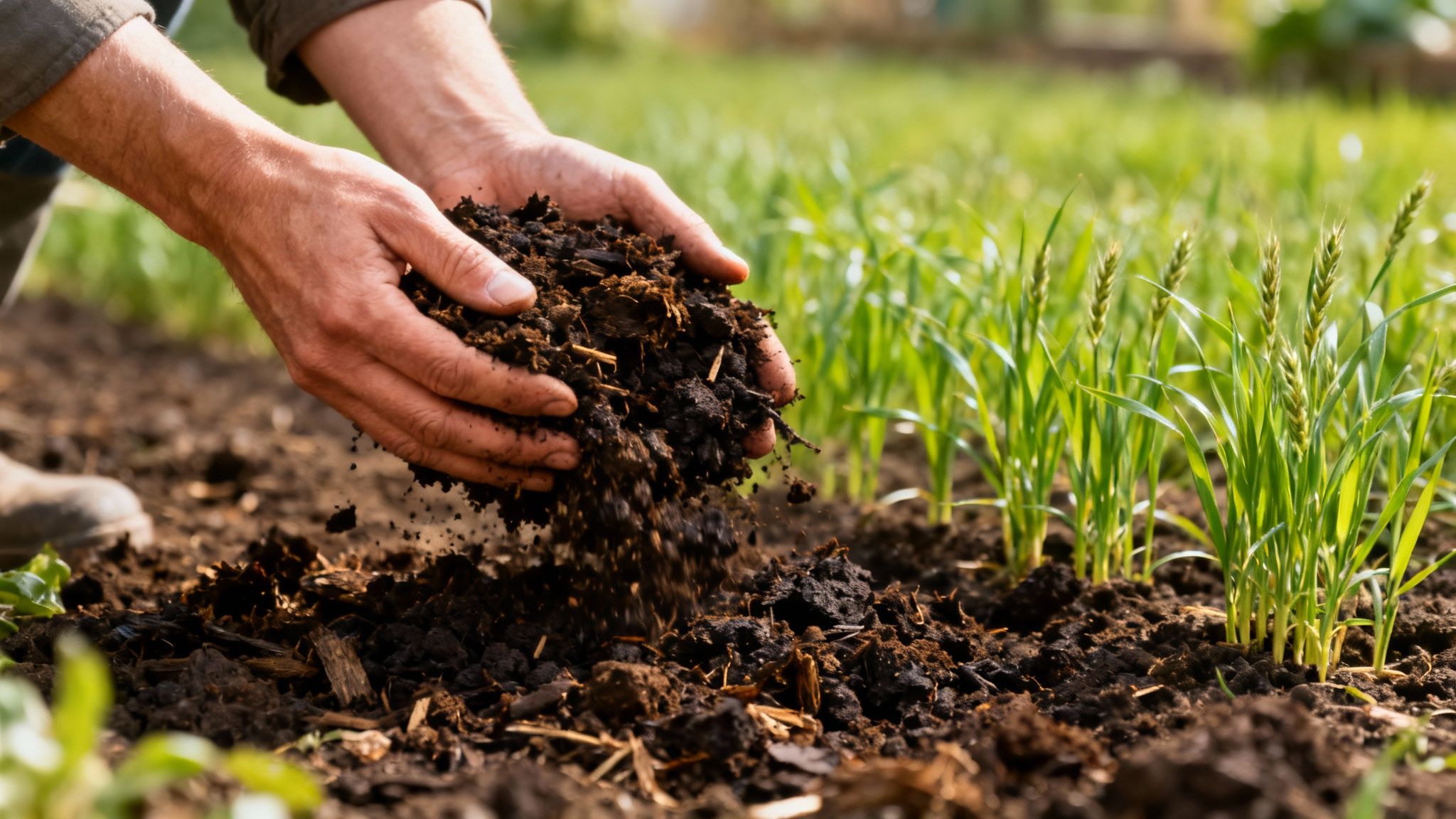 Close-up of a gardener's hands mixing rich compost into dark garden soil.
