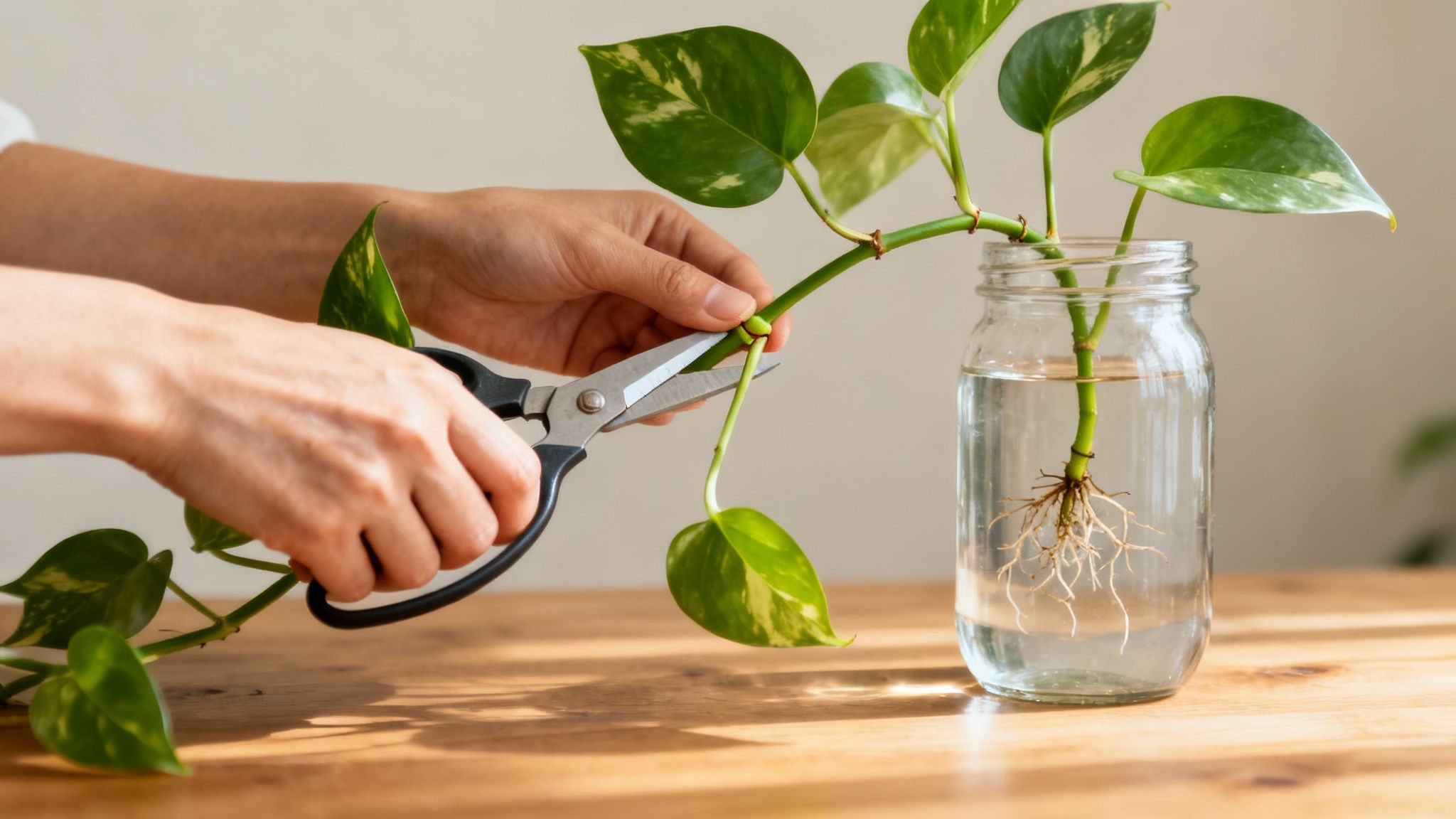 A person's hands carefully making a cut on a Pothos vine to propagate it.