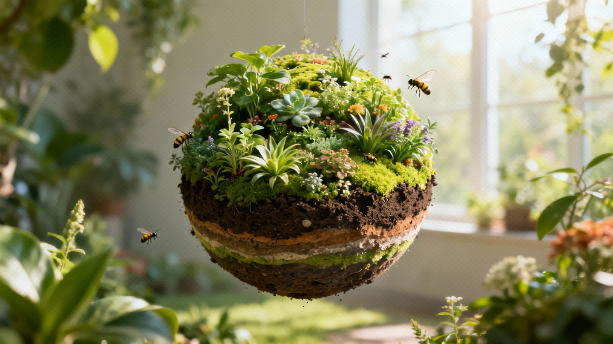 A lush, diverse garden with a mix of vegetables, flowers, and fruit trees, showcasing biodiversity and sustainable practices.