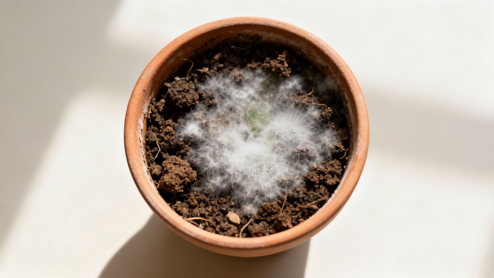 A close-up of white mold growing on the dark soil of a potted houseplant.