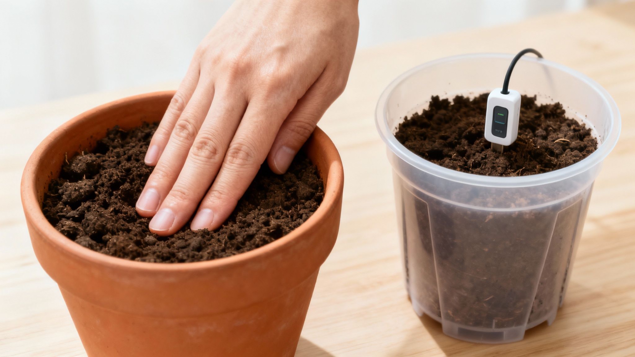 A person’s hands checking the soil of a potted plant near a bright window, demonstrating the 'feel the soil' method.