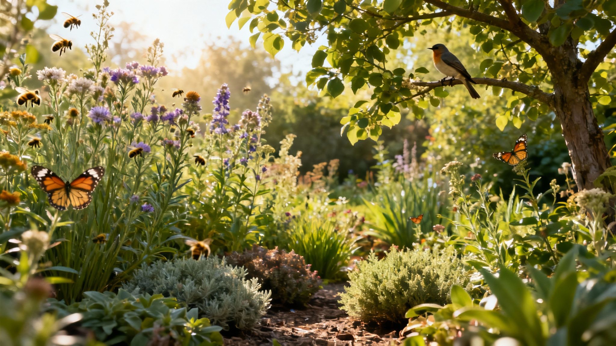 A vibrant garden buzzing with life, showing colorful flowers attracting bees and butterflies, with native plants in the background.