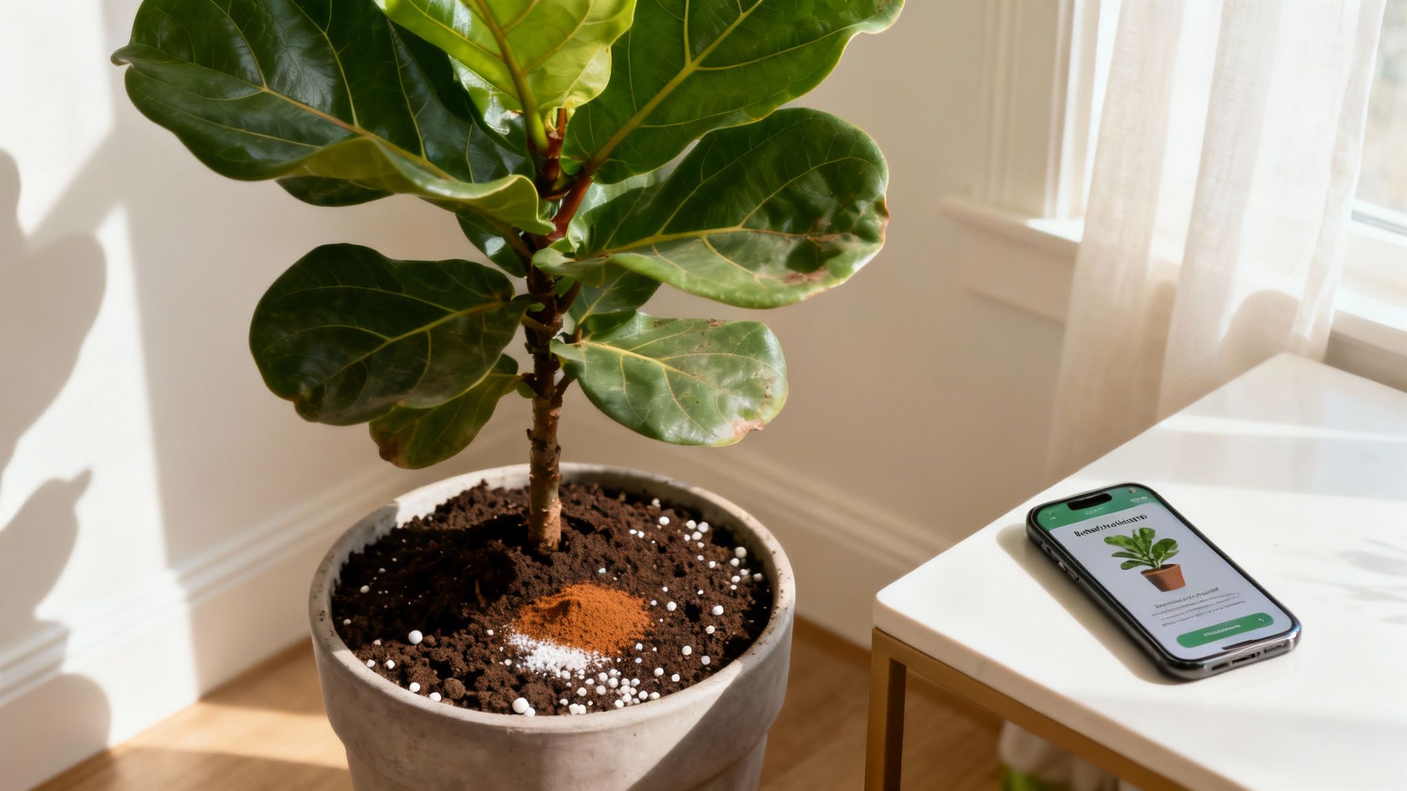 A close-up of a healthy Fiddle Leaf Fig leaf with a blurred, well-lit background.