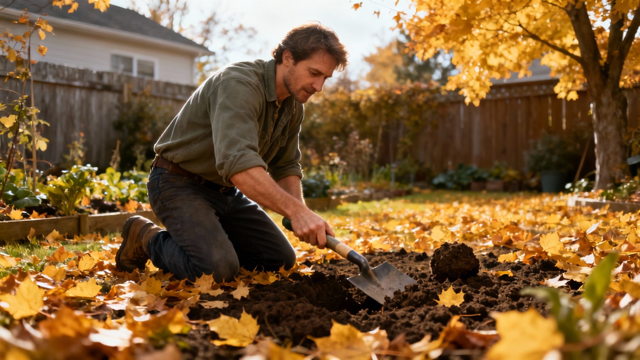 Gardener in an autumn setting, surrounded by fall foliage and tending to plants.