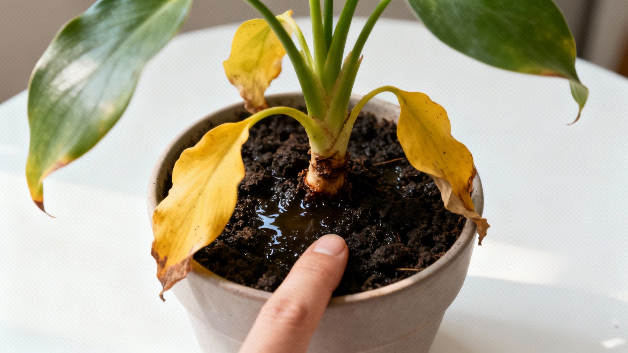 A person's hands gently holding a small plant with yellowing leaves and soggy soil.