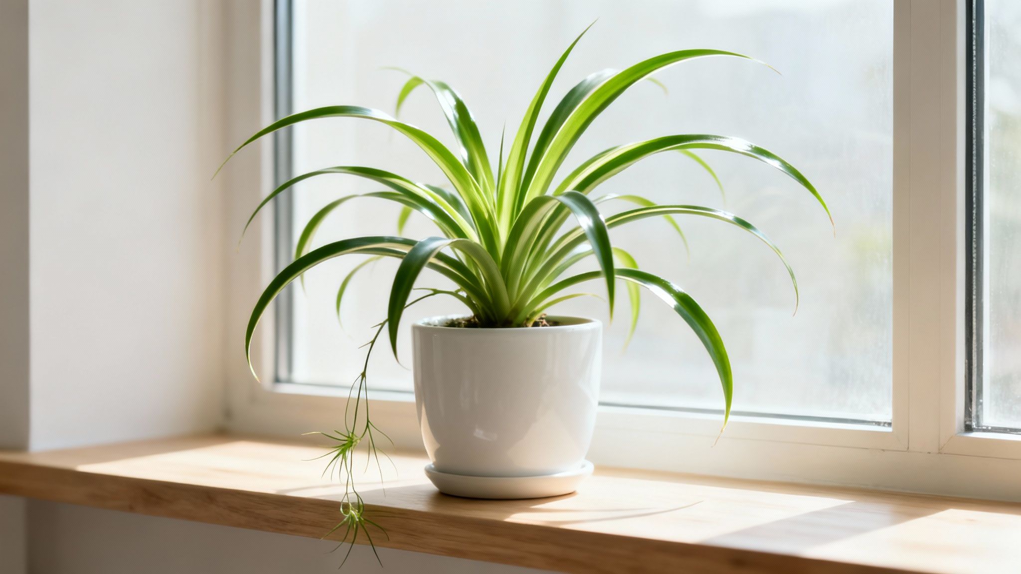 A healthy spider plant with numerous offshoots, placed in a bright, modern living room.
