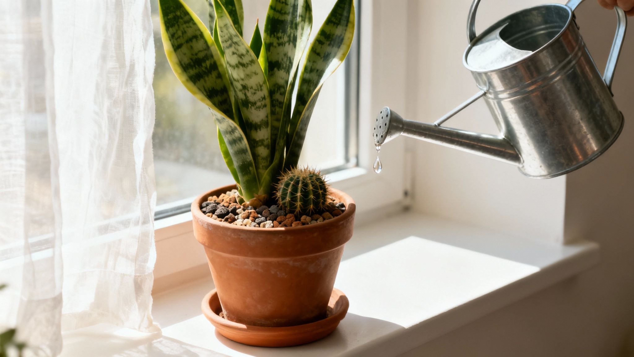 A close-up of a snake plant's leaves in a well-lit room, showing its vibrant green and yellow patterns.