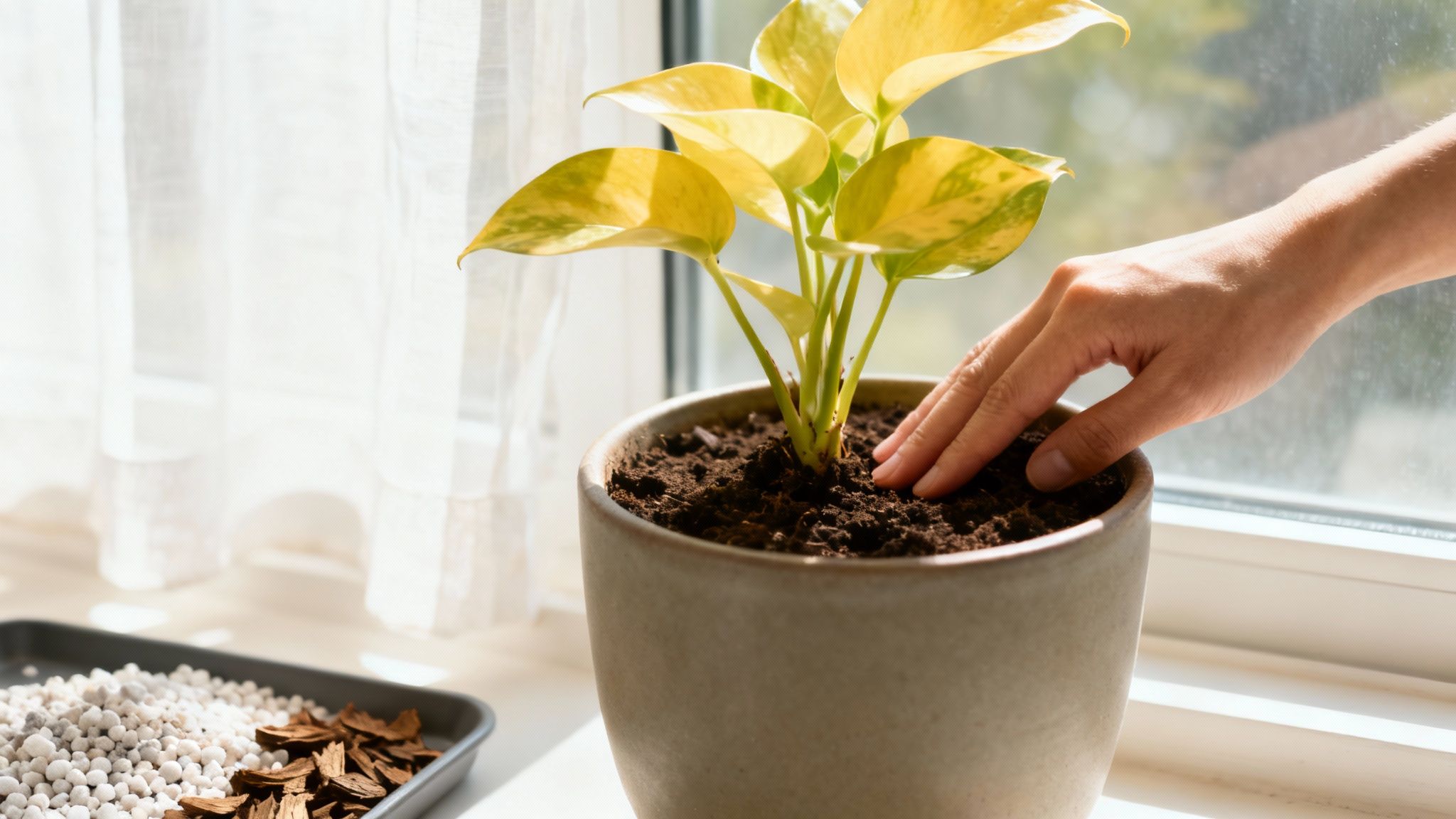 A healthy, vibrant Pothos plant with variegated leaves thriving in an indoor setting.