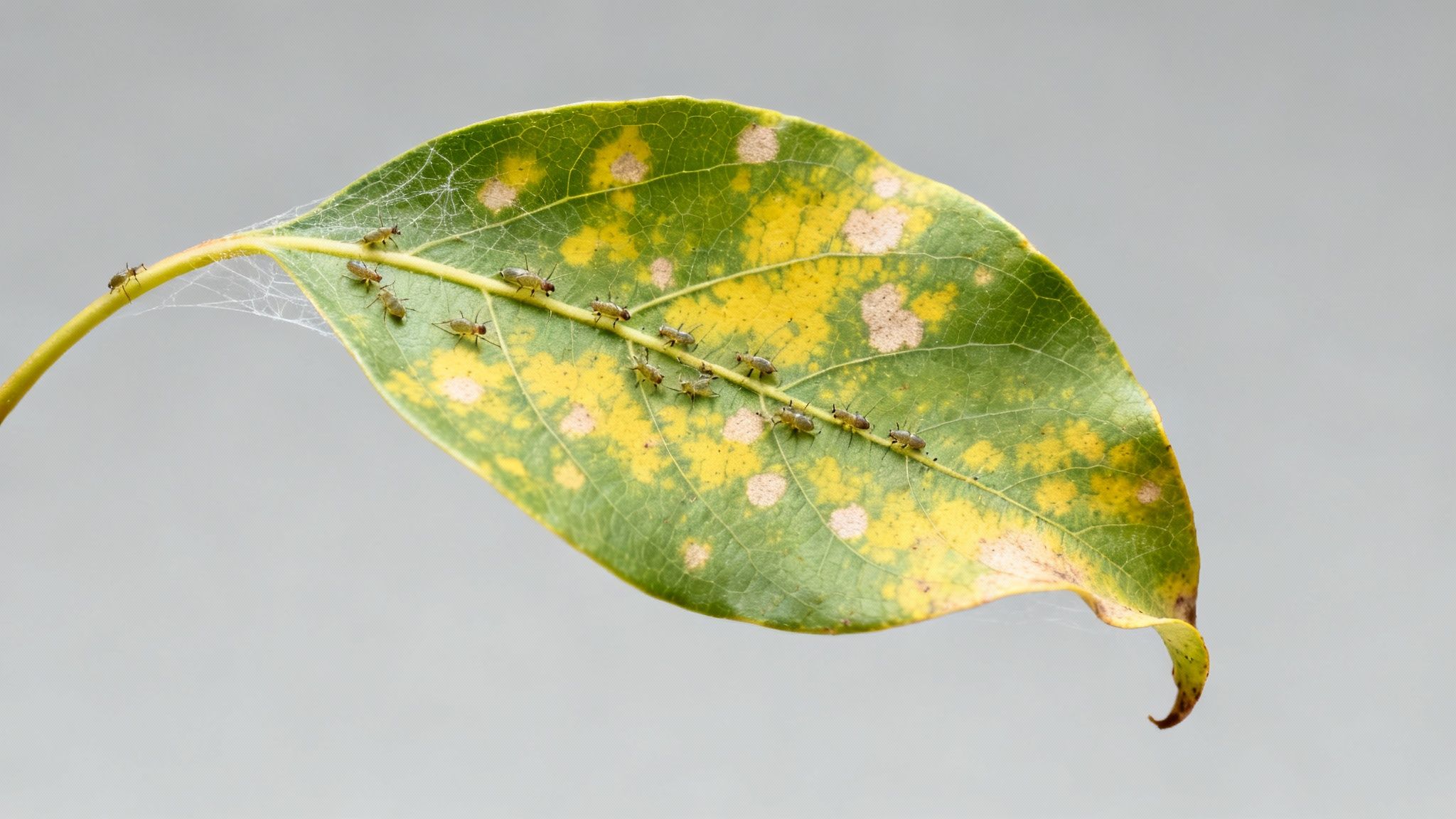 A gardener inspects a yellowing leaf closely, checking the underside for pests.