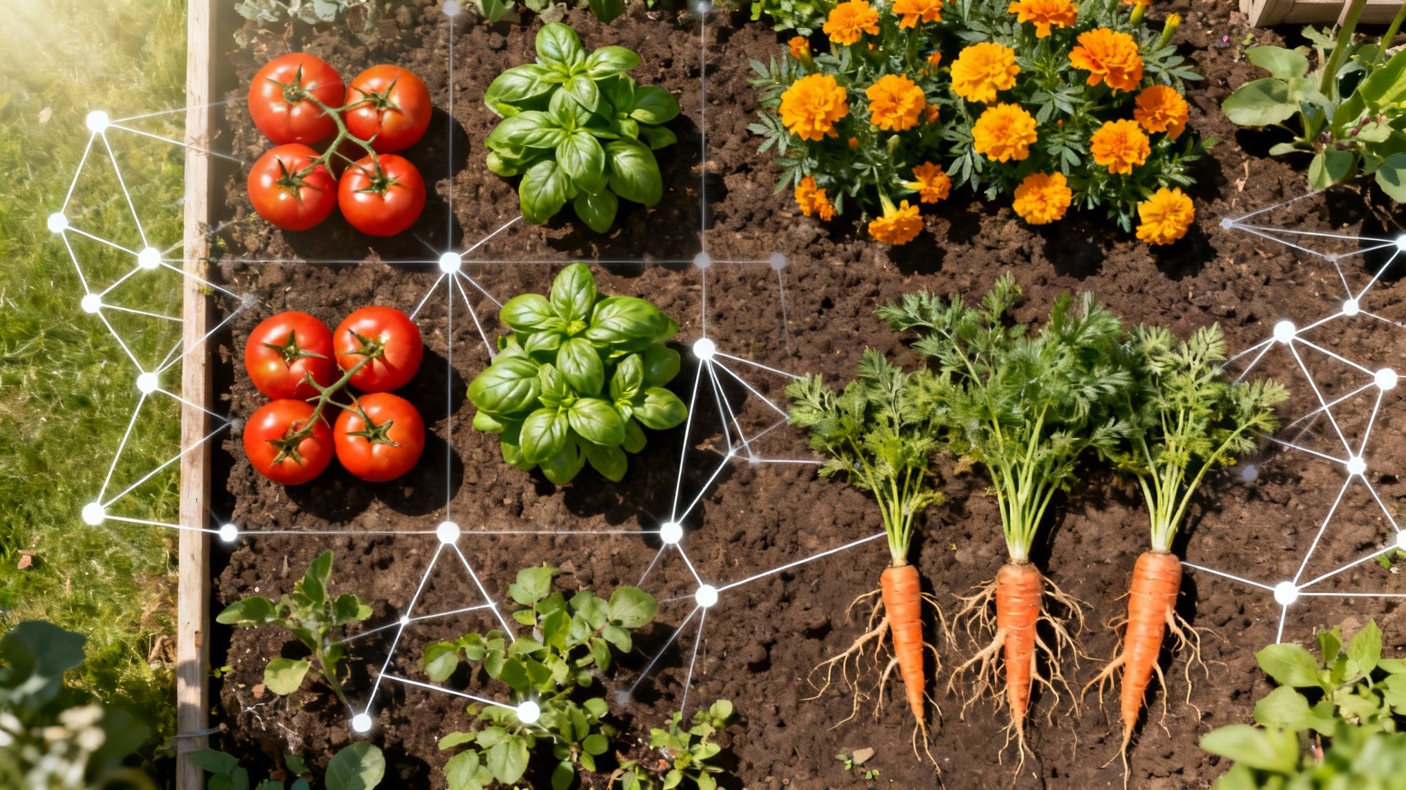 A vibrant garden with a diverse mix of vegetables, herbs, and flowers planted together, showcasing companion planting.