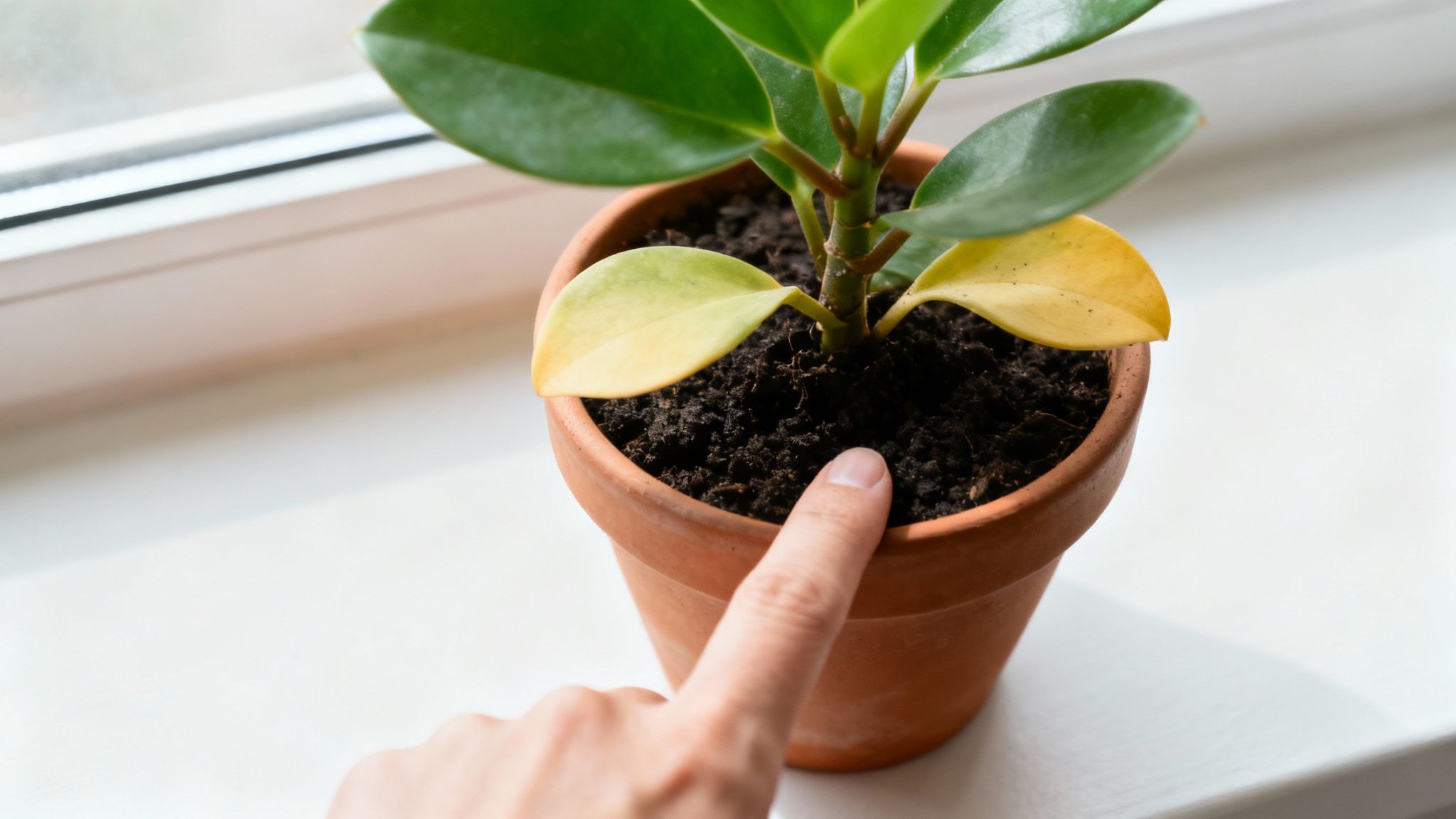 A side-by-side comparison of an overwatered plant with droopy yellow leaves and an underwatered plant with dry, crispy yellow leaves.