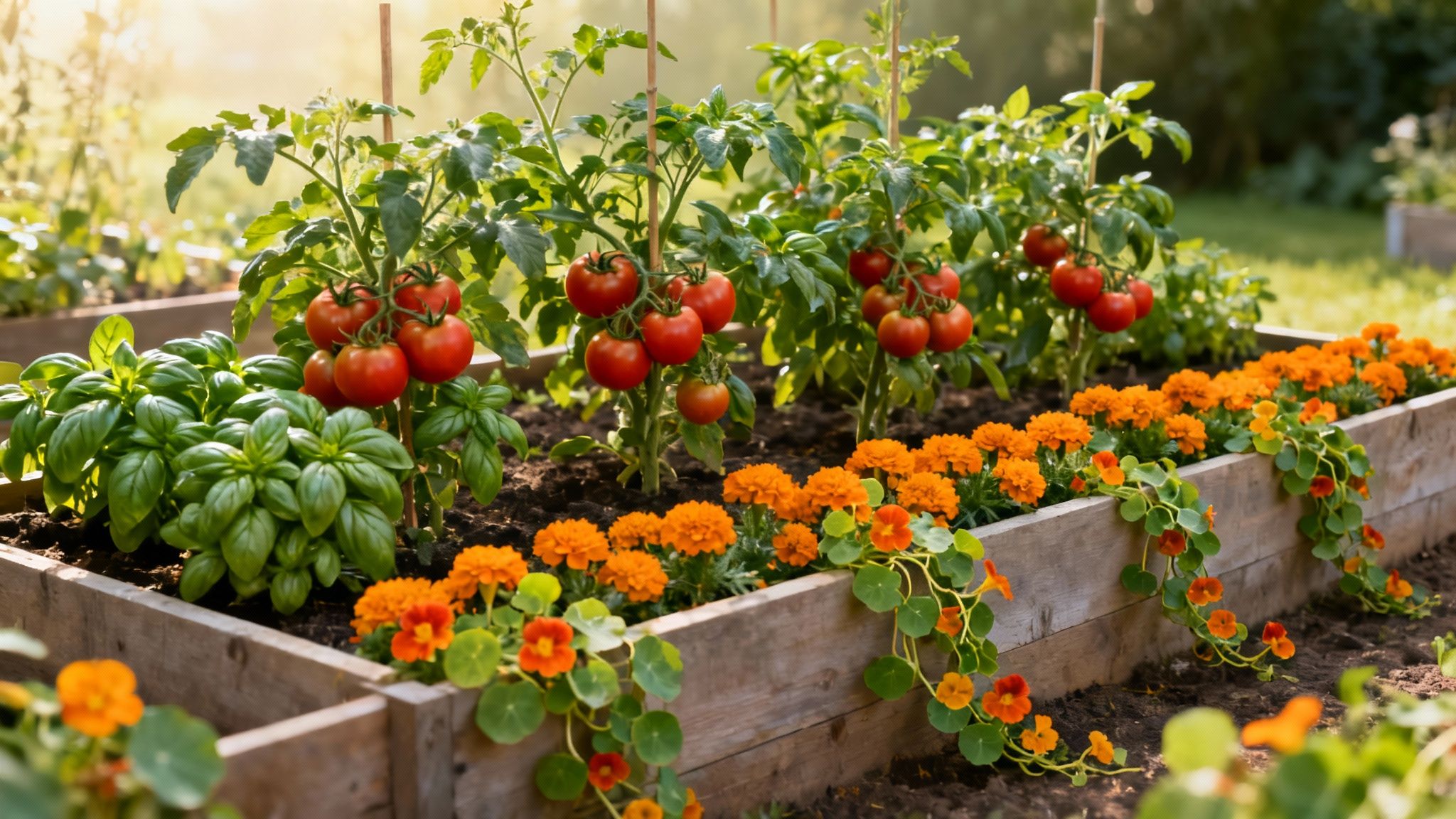 A vibrant, well-organized vegetable garden showing classic companion planting pairs like tomatoes and basil growing side-by-side.