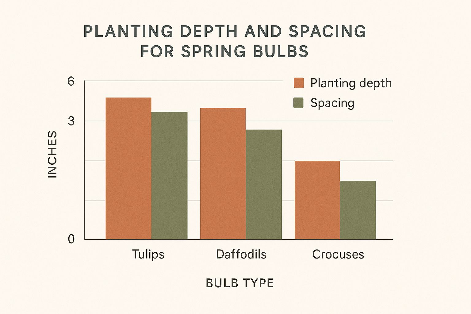 Infographic comparing planting depth and spacing for tulips, daffodils, and crocuses.