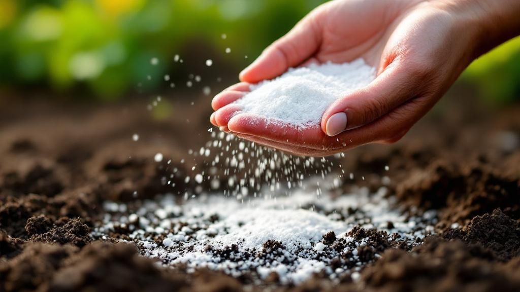 A gardener's hands mixing garden lime into dark, rich soil.