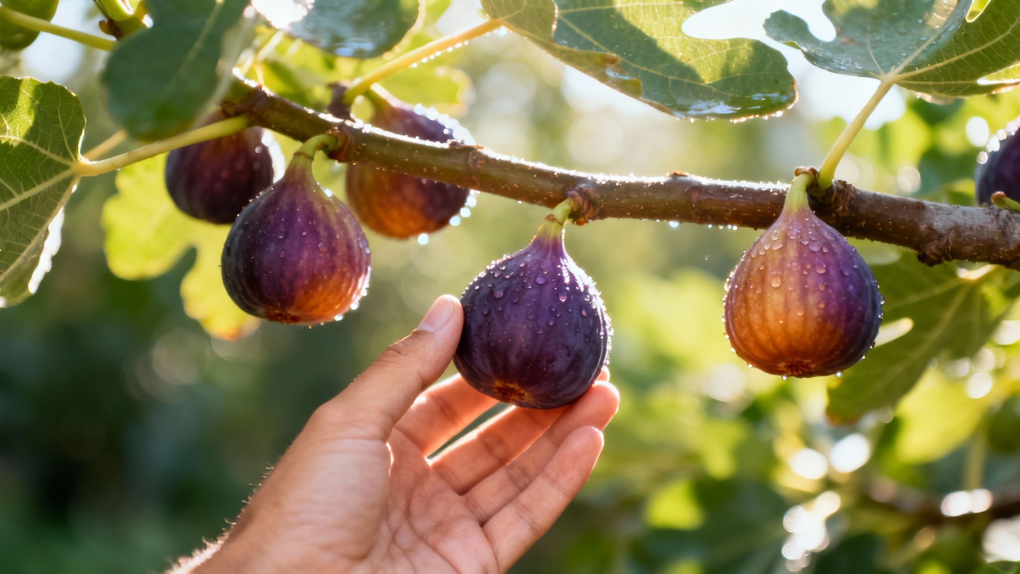 A close-up shot of a hand gently twisting a ripe, dark purple fig from a tree branch.