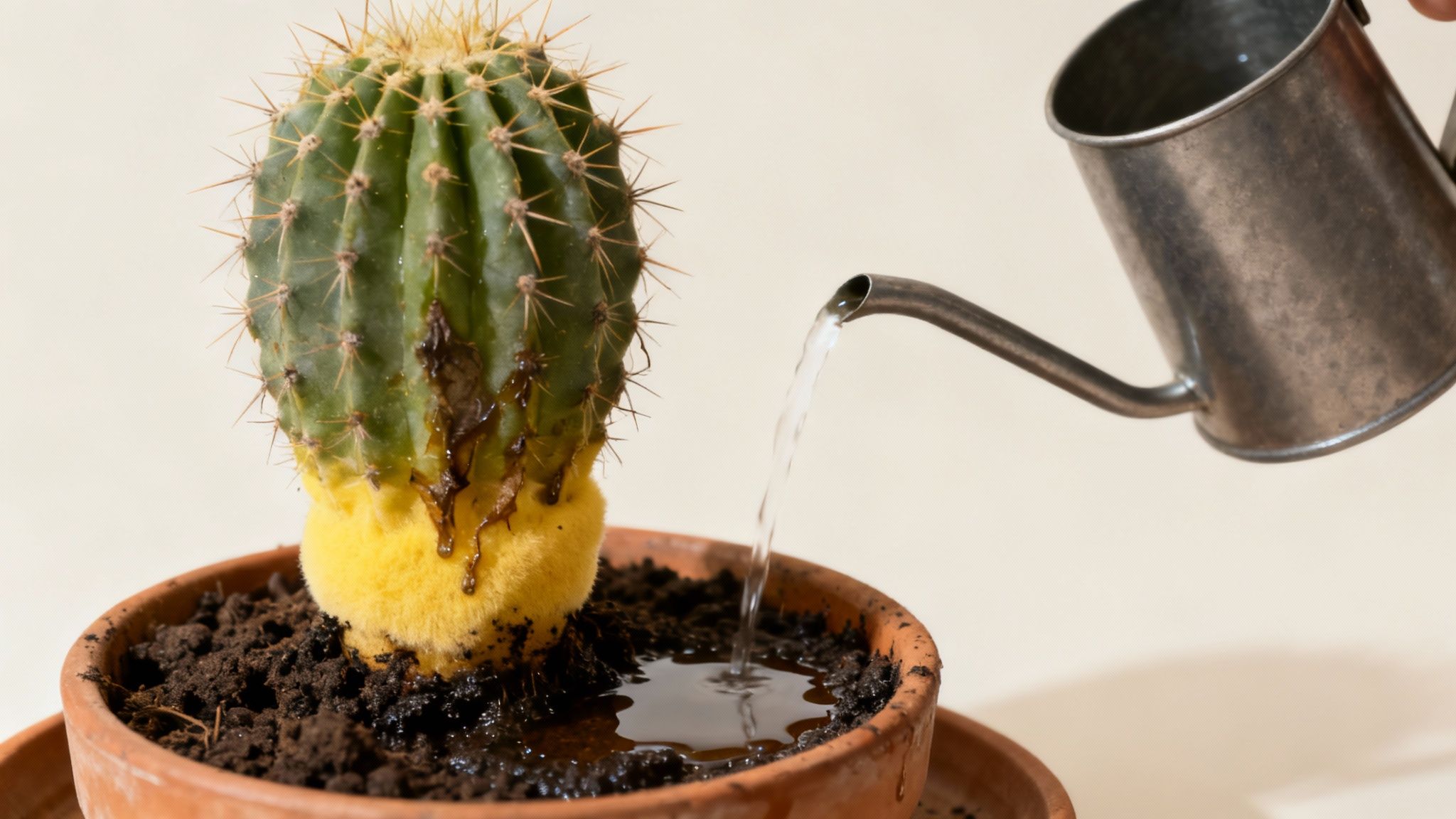 A person carefully watering a small cactus in a terracotta pot with a small watering can, focusing on the soil.