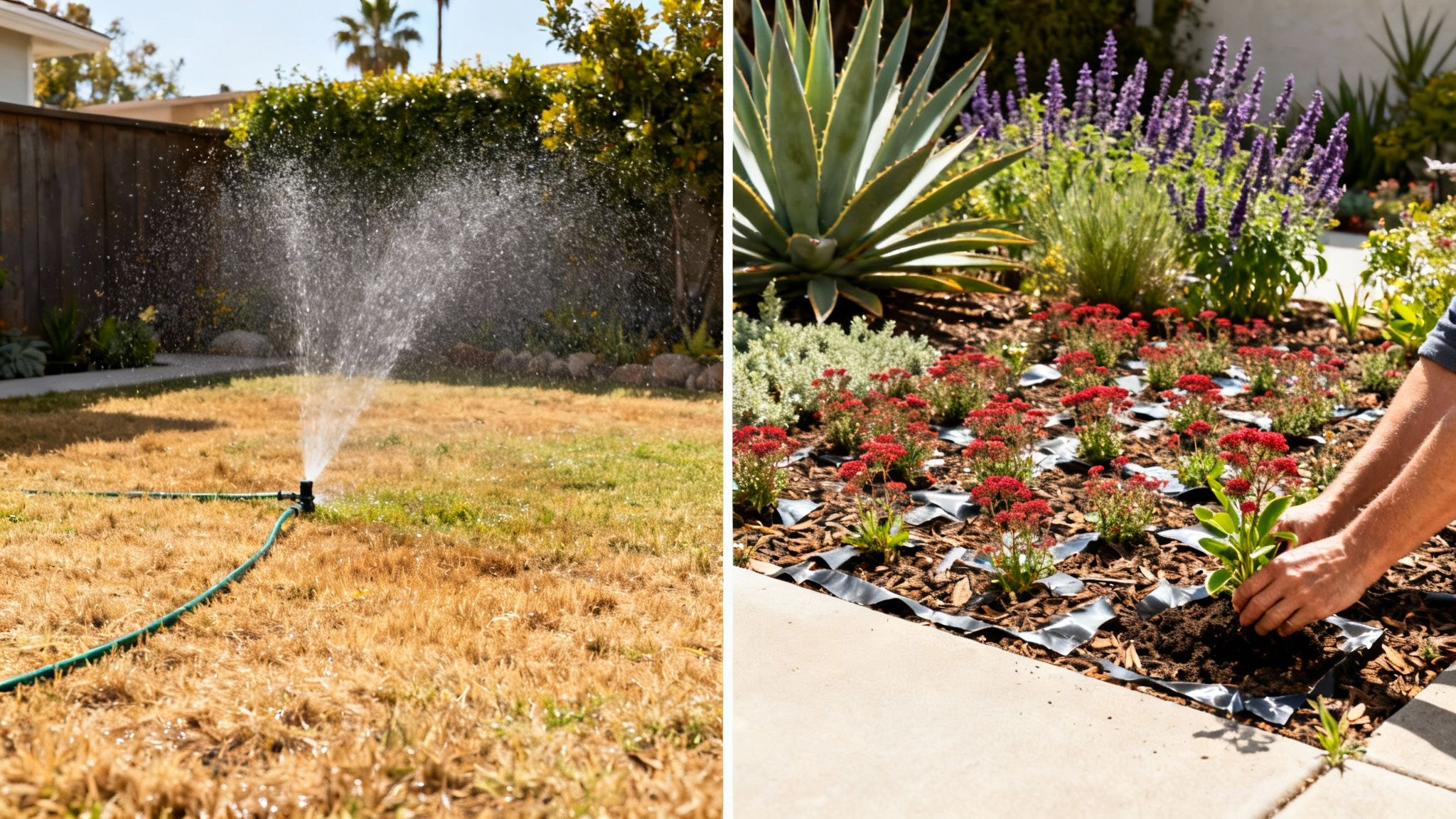 A gardener sheet-mulching their lawn, covering it with cardboard and wood chips in preparation for a native garden.
