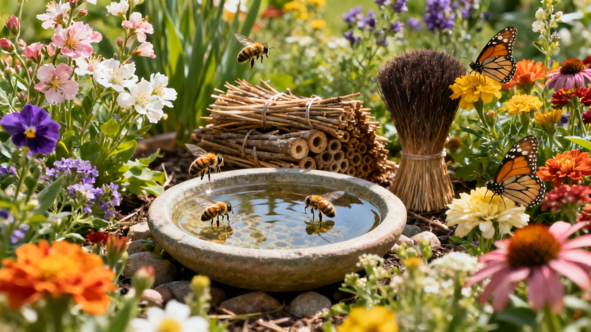 A close-up of a diverse garden bed with multiple flower shapes and colors, showing bees and butterflies actively visiting the blooms.