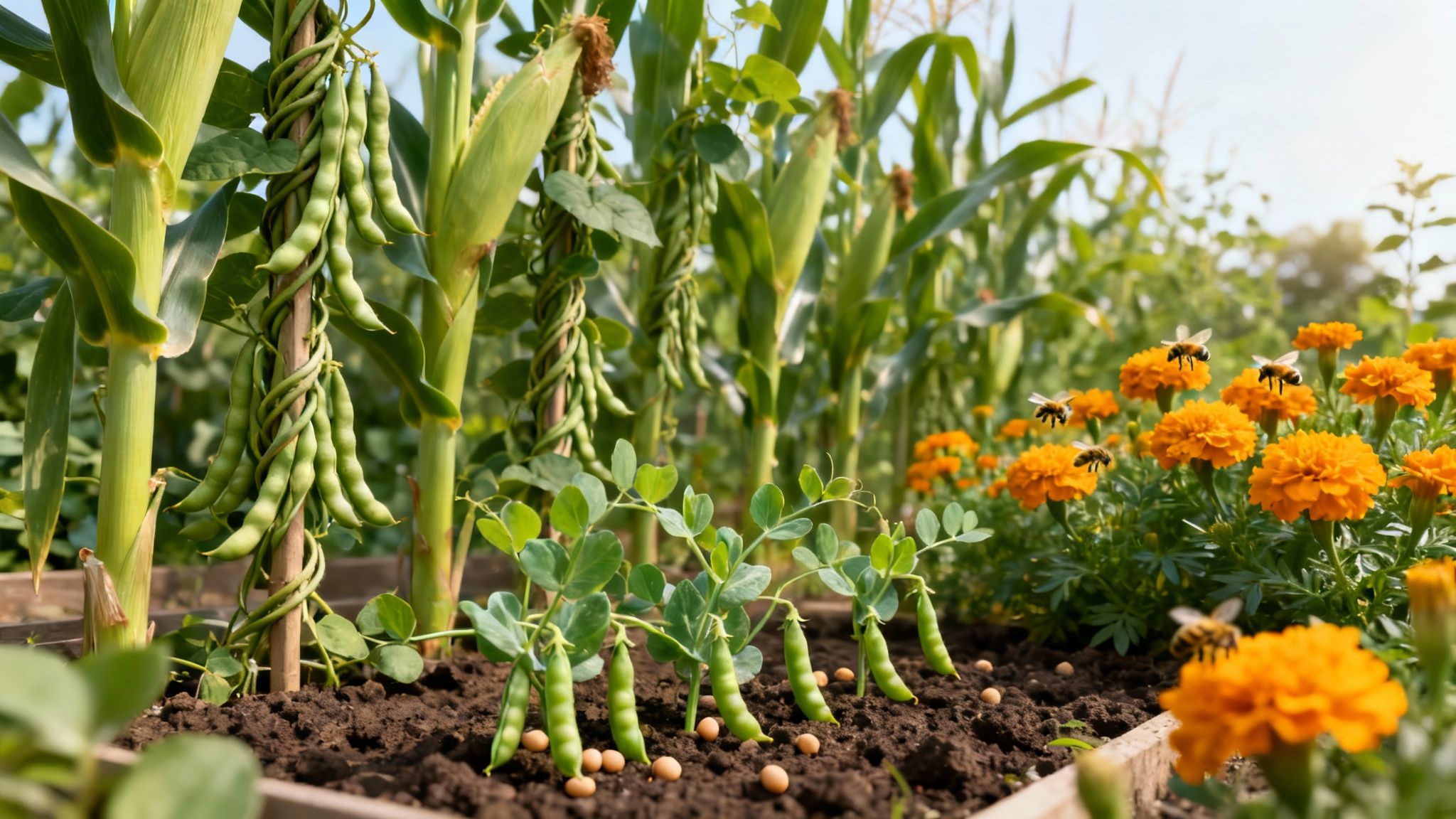 A close-up of different companion plants growing together, such as marigolds next to tomato plants.