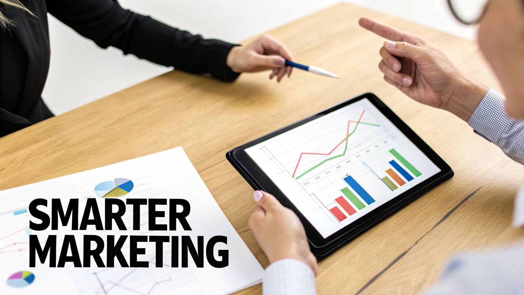 Two business professionals discussing marketing data and strategies using a tablet with charts and graphs.