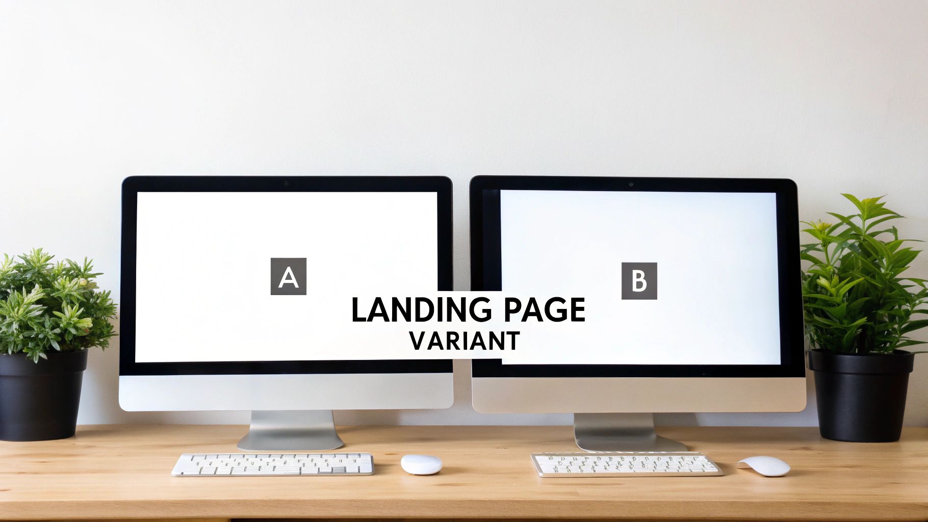 Two computer monitors display landing page variants A and B for A/B testing, on a wooden desk.