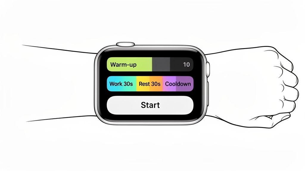 Apple Watch displaying a workout interval timer with warm-up, work, rest, and cooldown segments, and a start button.