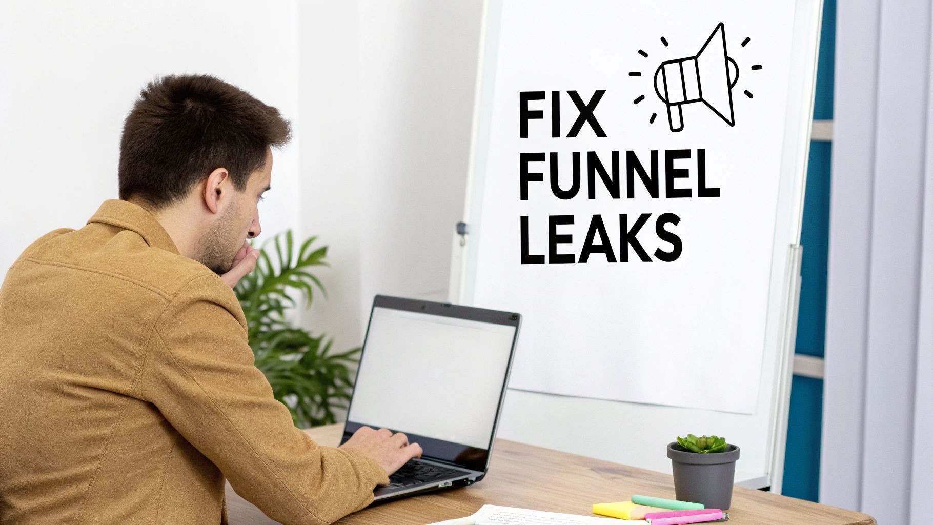 Man on laptop in office, looking at whiteboard with 'FIX FUNNEL LEAKS' message and megaphone icon.