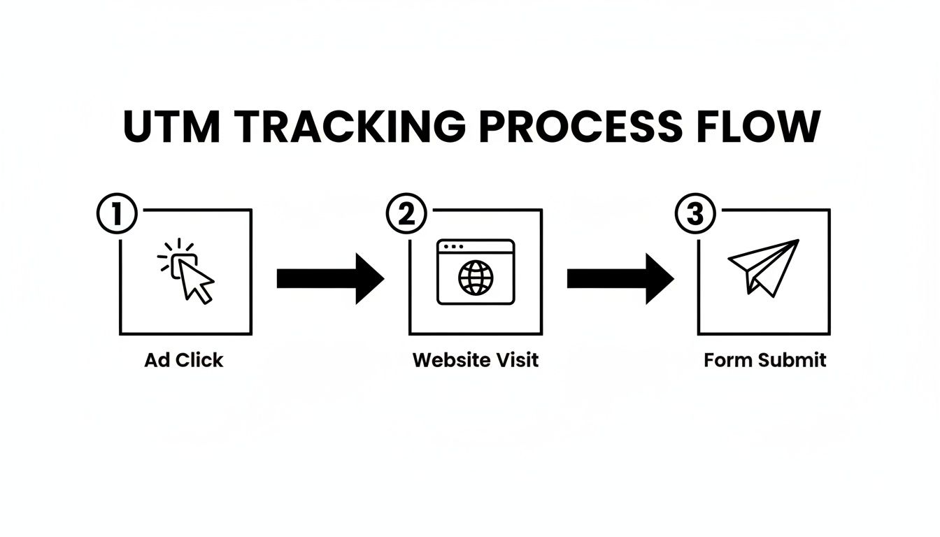 A diagram illustrating the UTM tracking process flow with three steps: Ad Click, Website Visit, and Form Submit.