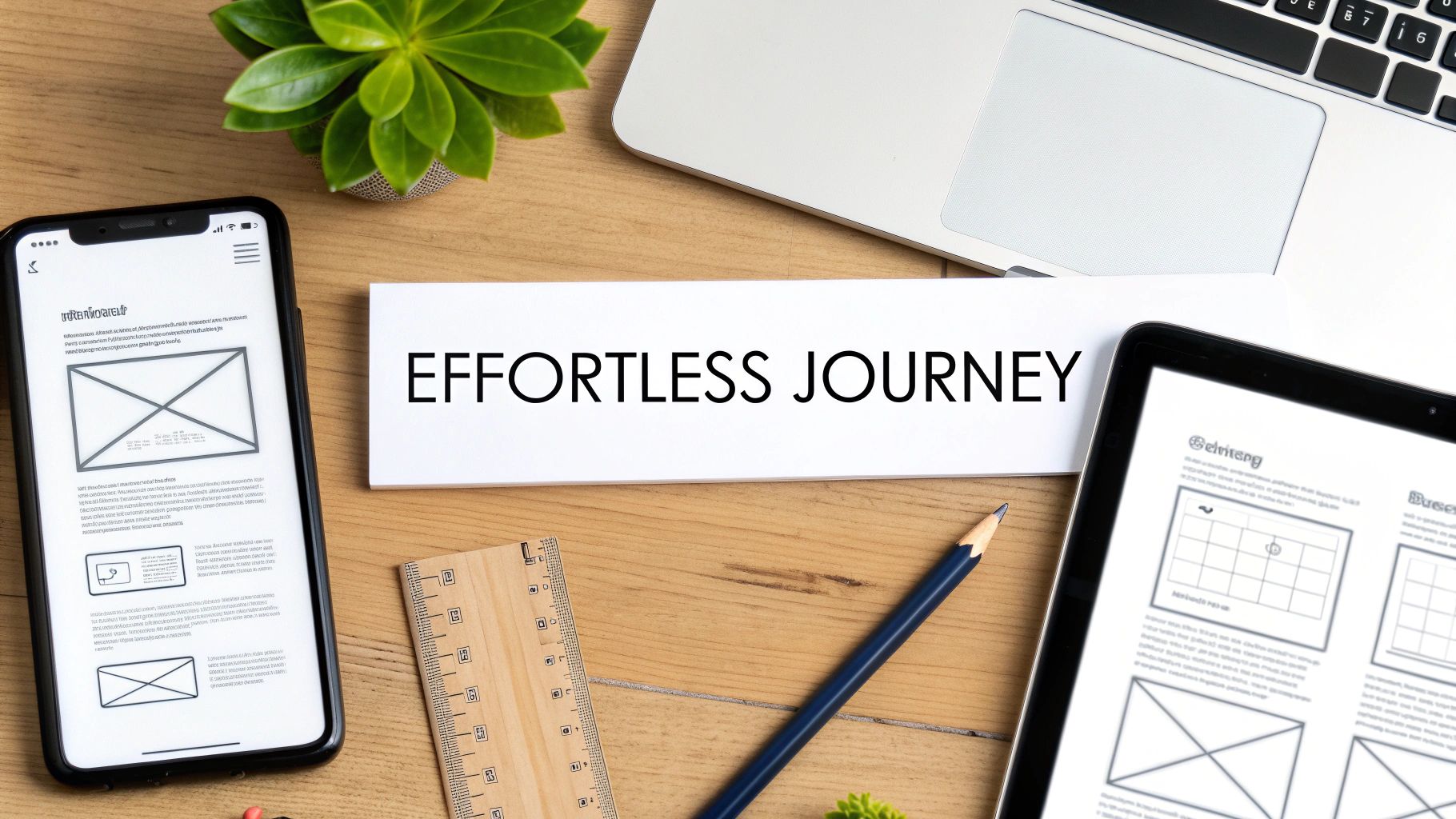 Overhead view of a workspace with 'EFFORTLESS JOURNEY' text, devices showing wireframes, and design tools.