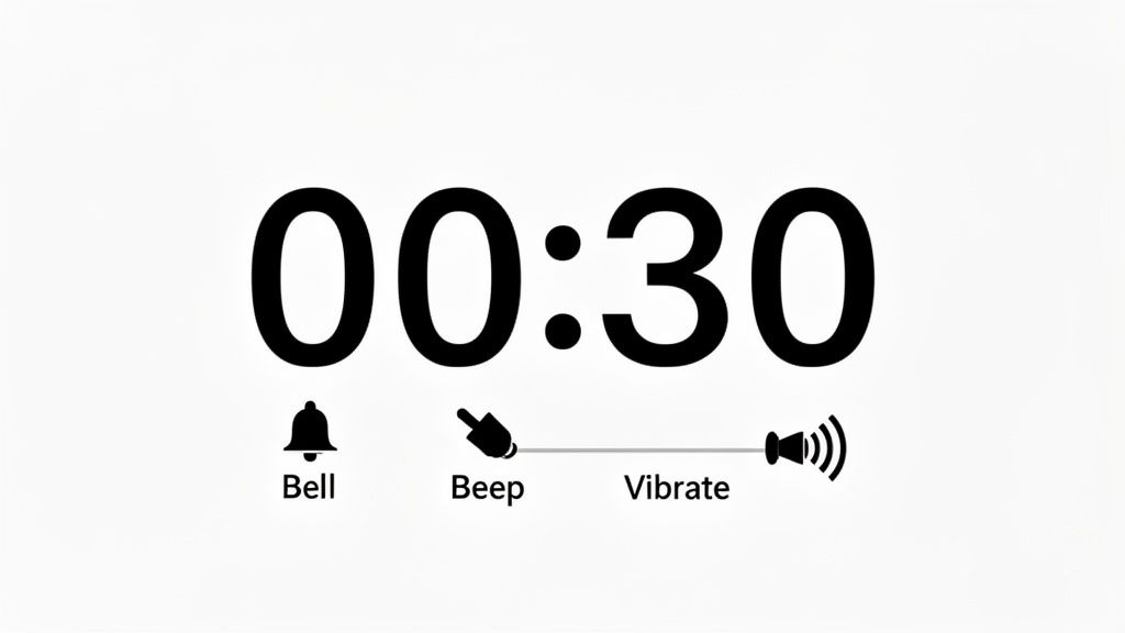 A digital timer set to 30 seconds, showing options for bell, beep, or vibrate notifications.