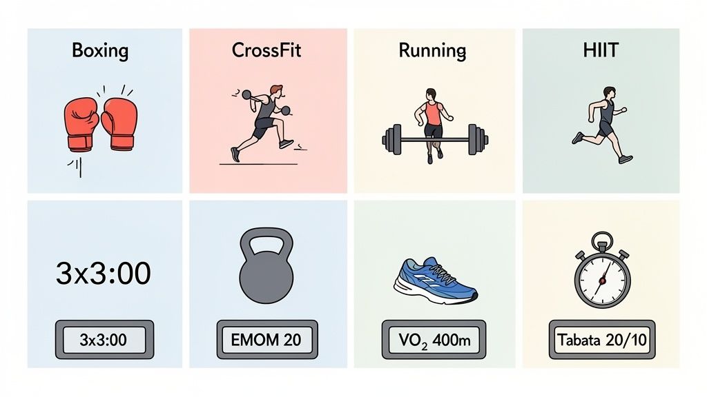 Grid of workout types and timers, including boxing, CrossFit, running, HIIT, 3x3:00, EMOM, VO2, and Tabata.