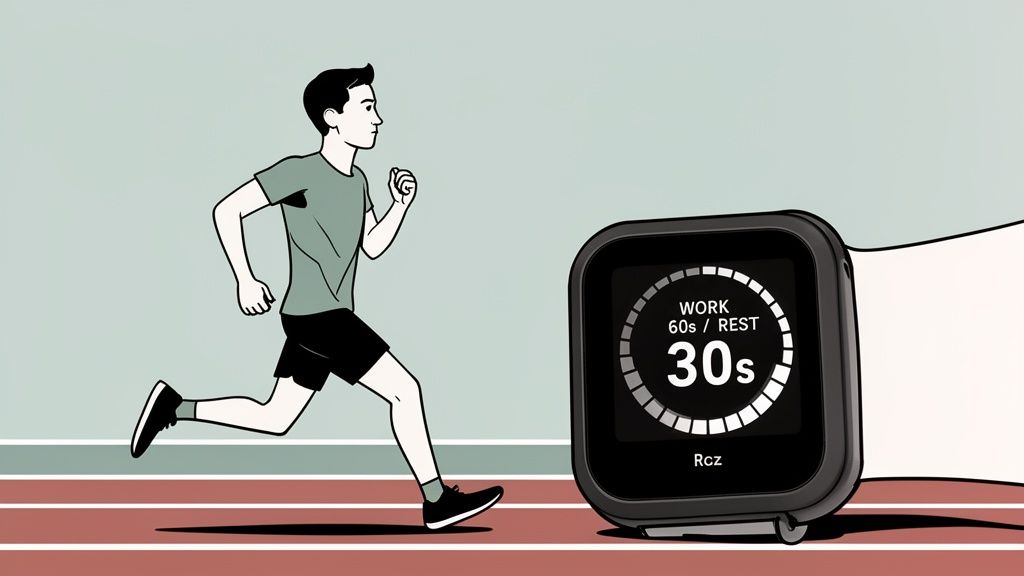 Cartoon man running on a track next to a smartwatch displaying an interval timer.