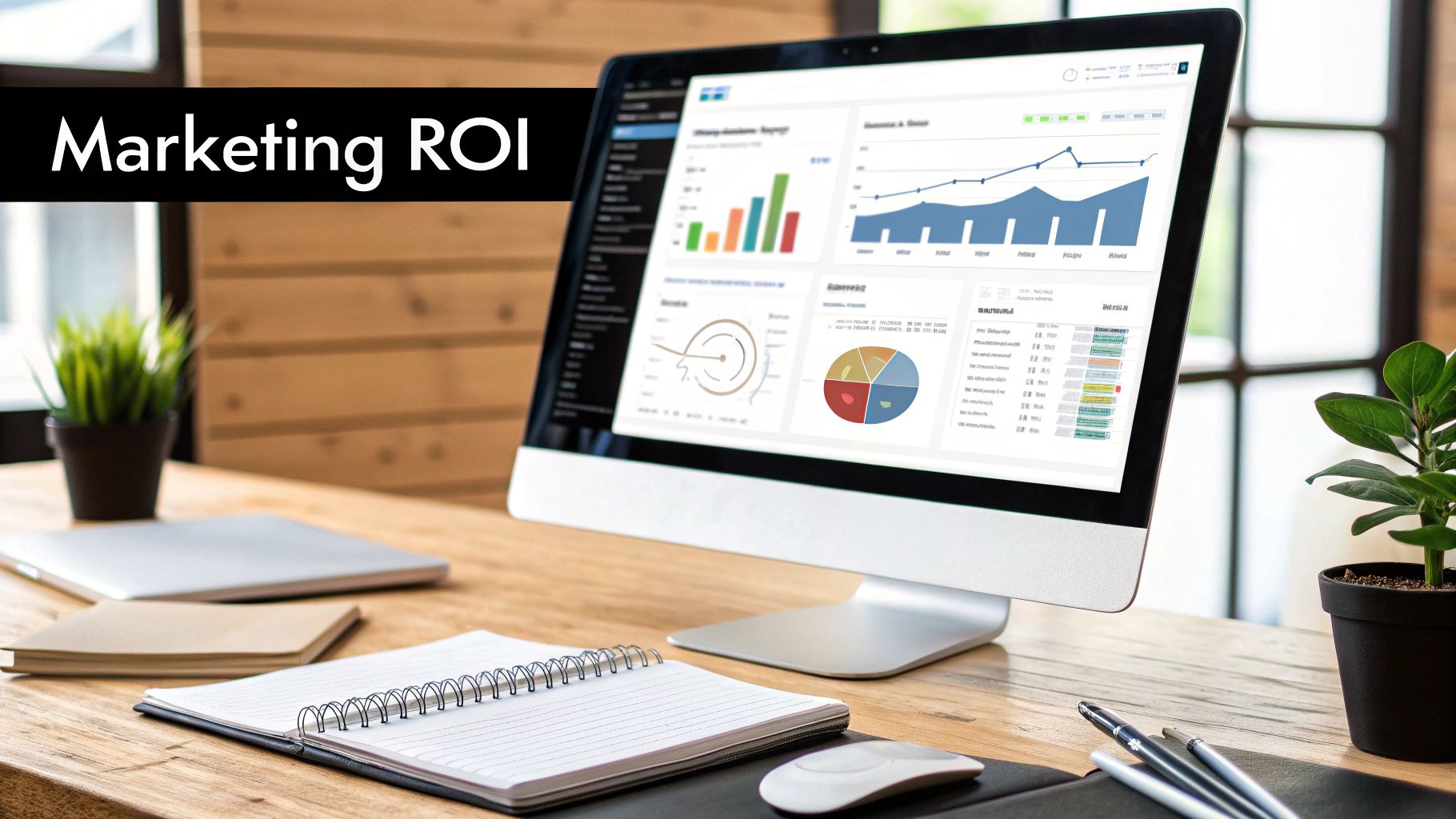 A computer screen displays marketing ROI data, charts, and graphs on a wooden desk.